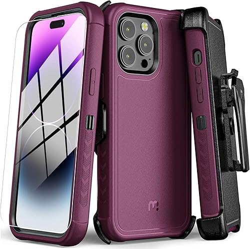 MYBAT PRO Maverick Series - Funda a prueba de golpes, para iPhone 14 Pro Max, con funda de clip para cinturón y vidrio templado, 6.7 pulgadas,