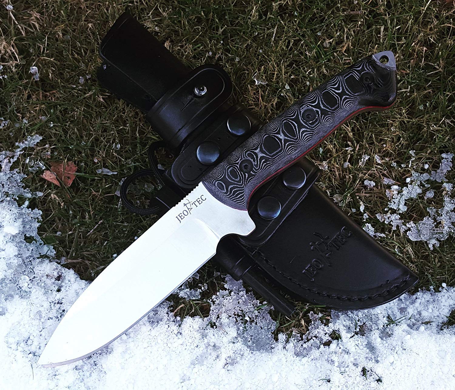 JEO-TEC Nº29 Cuchillo de hoja fija para supervivencia caza monte bushcraft camping outdoor campo - Hoja de 12,5 cm Acero MOVA, Funda de Piel - Fabricado en España