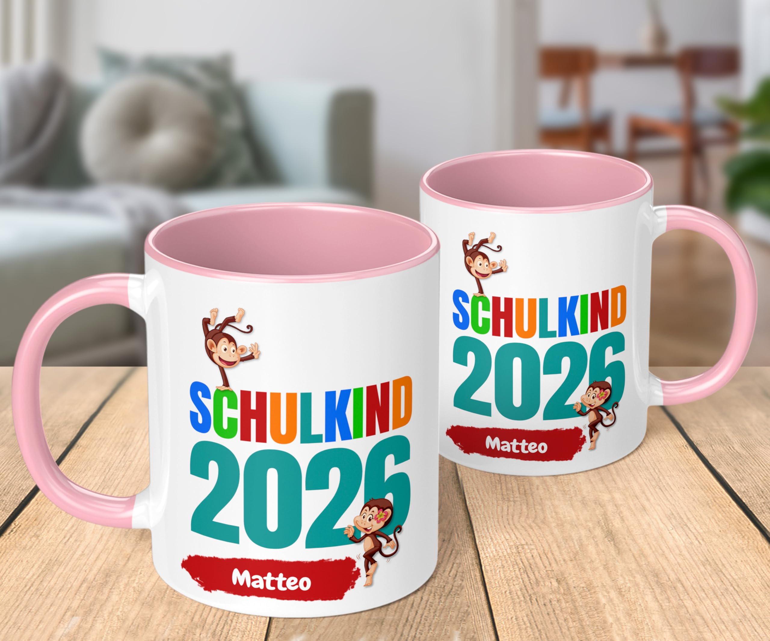 Geschenk zur Einschulung für Mädchen und Jungen: personalisierte Tasse Schulkind 2026" Affen-Motiv mit Namen, Rosa