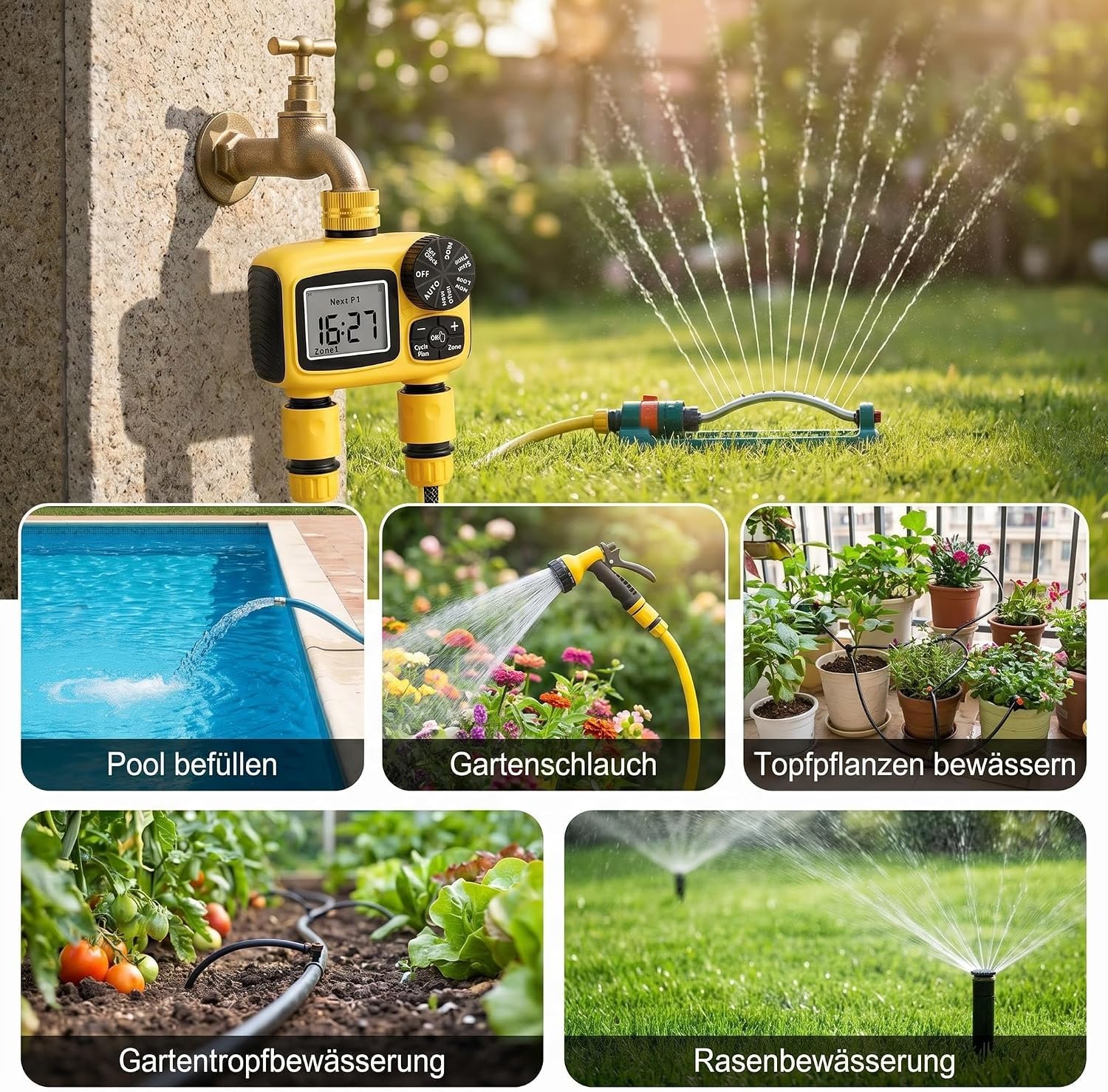 MQUPIN Ordenador de riego, 2 salidas, conexiones de latón | Temporizador de agua LCD con retardo de lluvia, protección para niños, IP55, doble zona, para jardín, césped, huertos