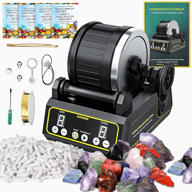 Professional Rock Tumbler Kit, Hobby Rocks Polisher for Kids and Adults, Great STEM Science Kit, Upgraded 9-Day Timer & 3-Speed Motor, Include Rough Gemstones, 4 Polishing Grits