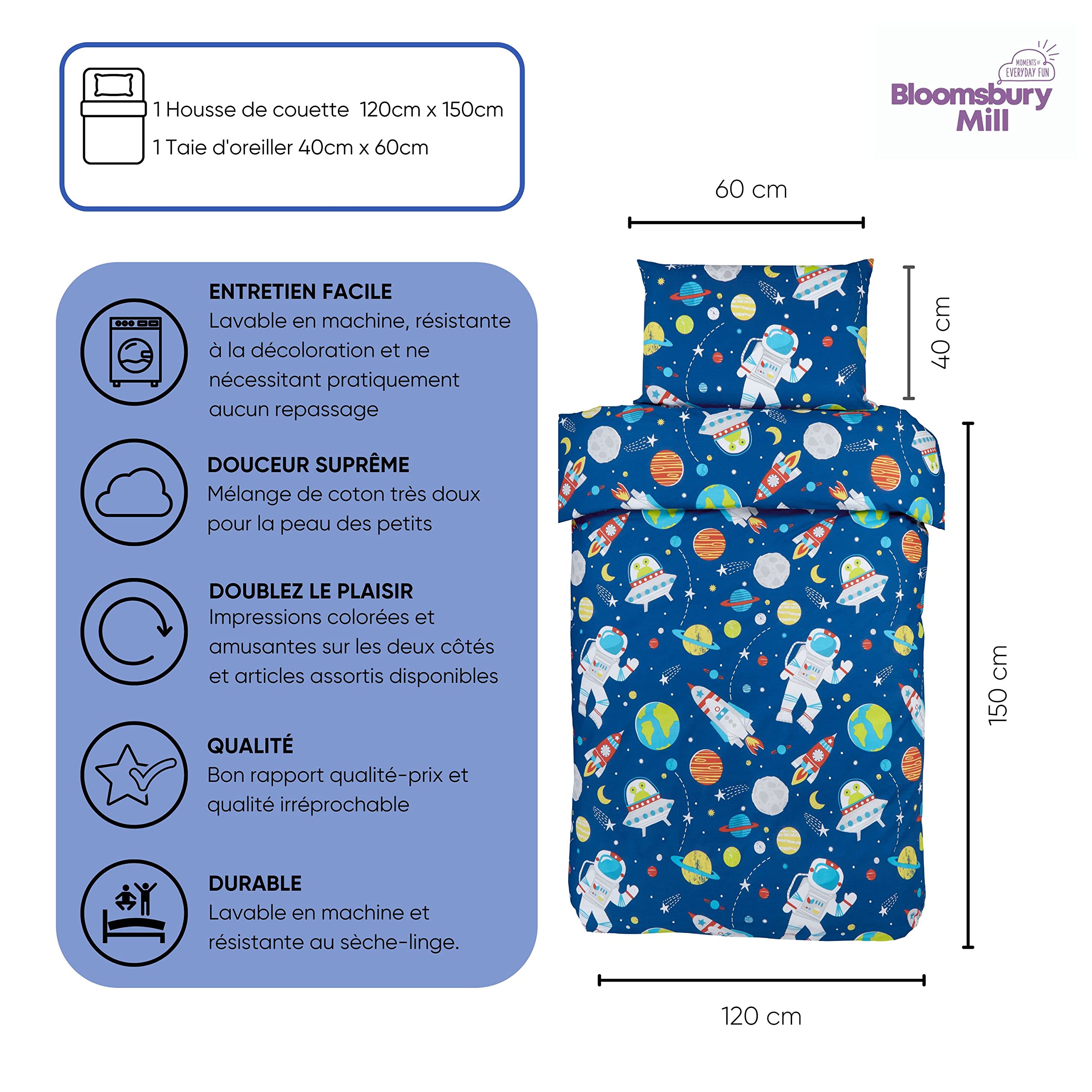 Parure Lit Enfant FlyIdeas - Housse Couette 120x150 Cm + Taie - 100% Coton Certifié - EU