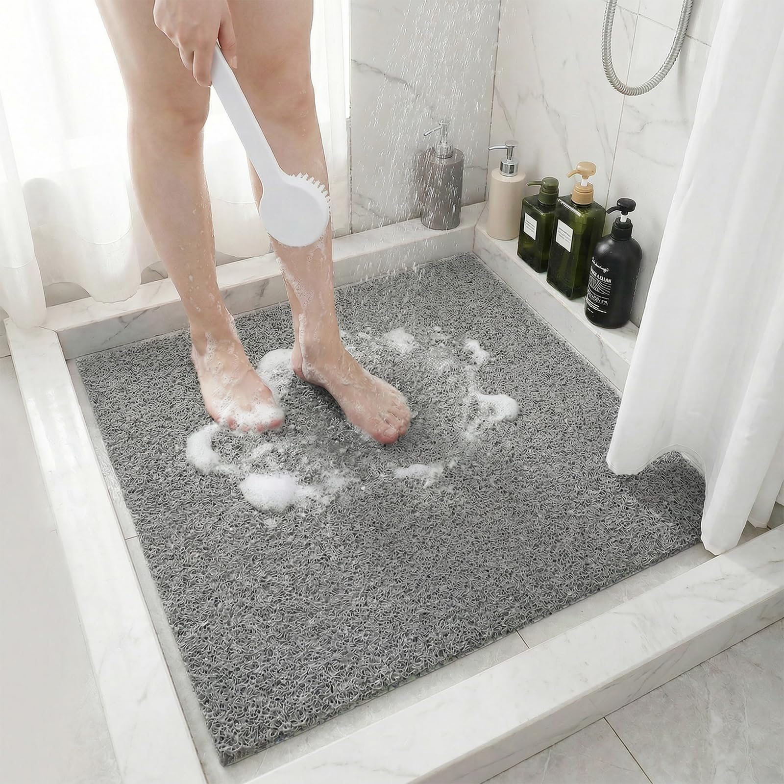 BLESWIN Square PVC Loofah Shower Mat for Inside Shower 60 x 60 CM Gray