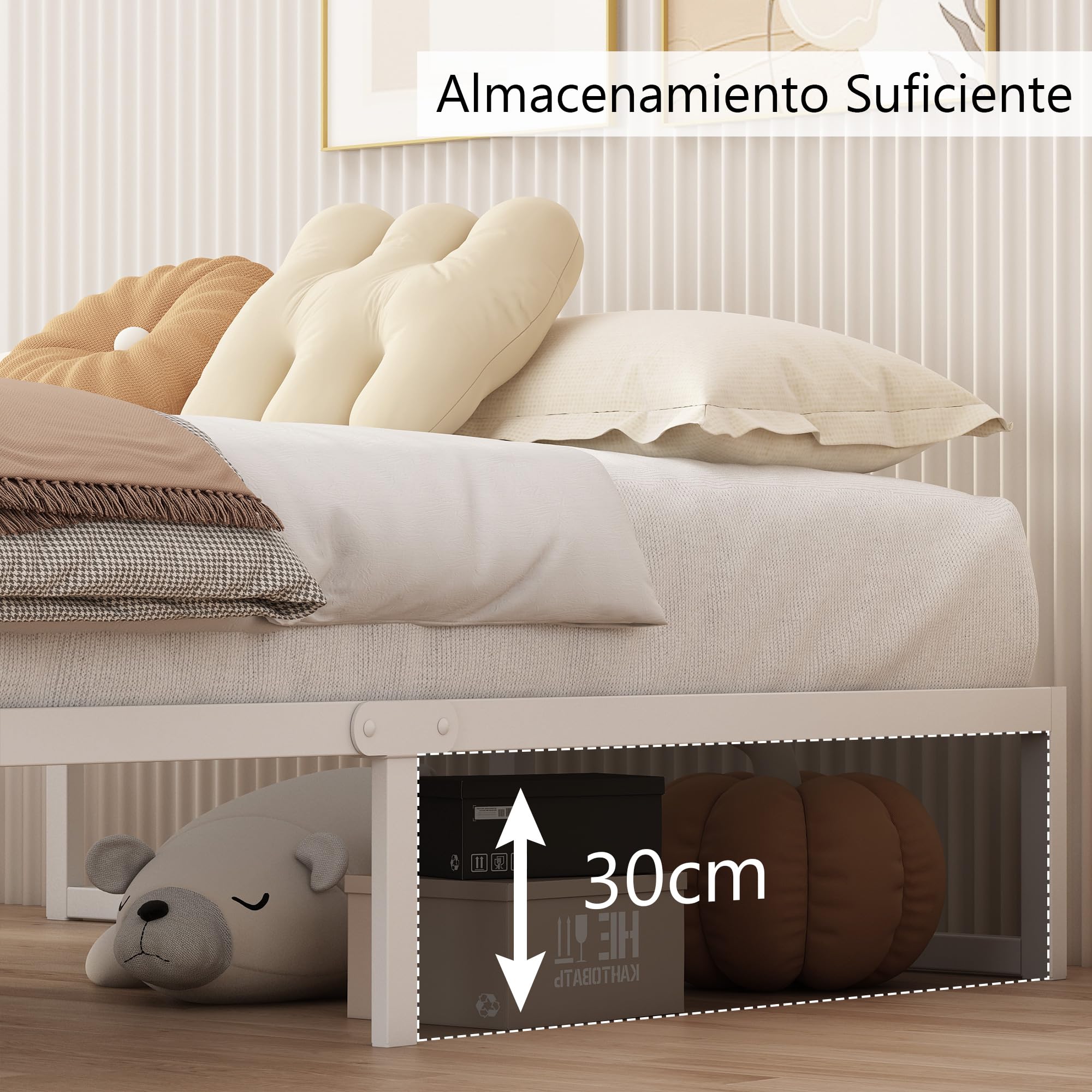 Yicensen Cama de Metal de 150 x 190 cm con Somier de Láminas de Metal, 36 cm de Altura, Marco de Camas Matrimoniales, Montaje Fácil, Estable, Blanco