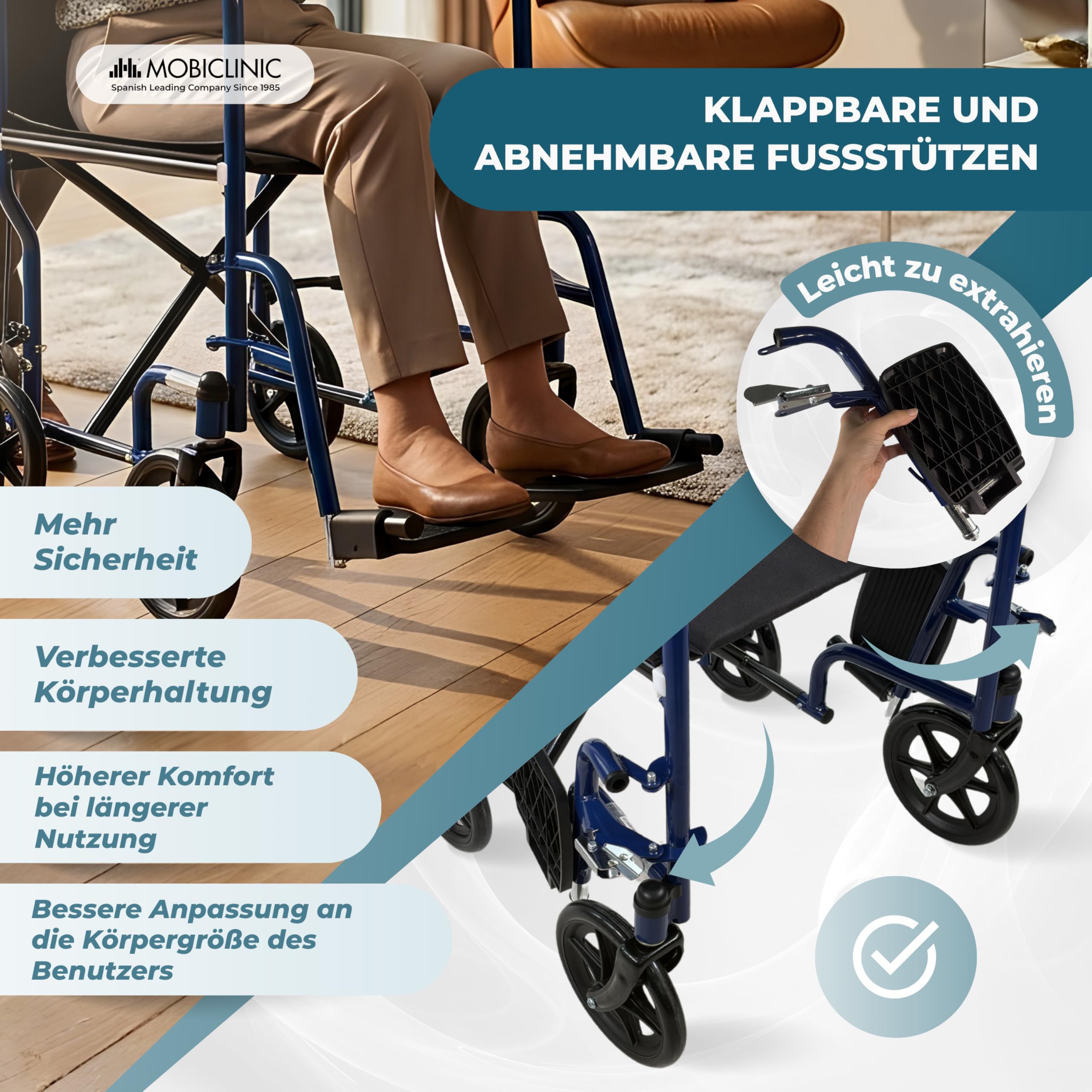Mobiclinic®, Rollstuhl Faltbar, Transportrollstuhl, Klappbare Rückenlehne, Abnehmbare Fußstützen, Doppelbremssystem, Gepolsterte Armlehnen, Stahl, Leicht und Kompakt, Napoli