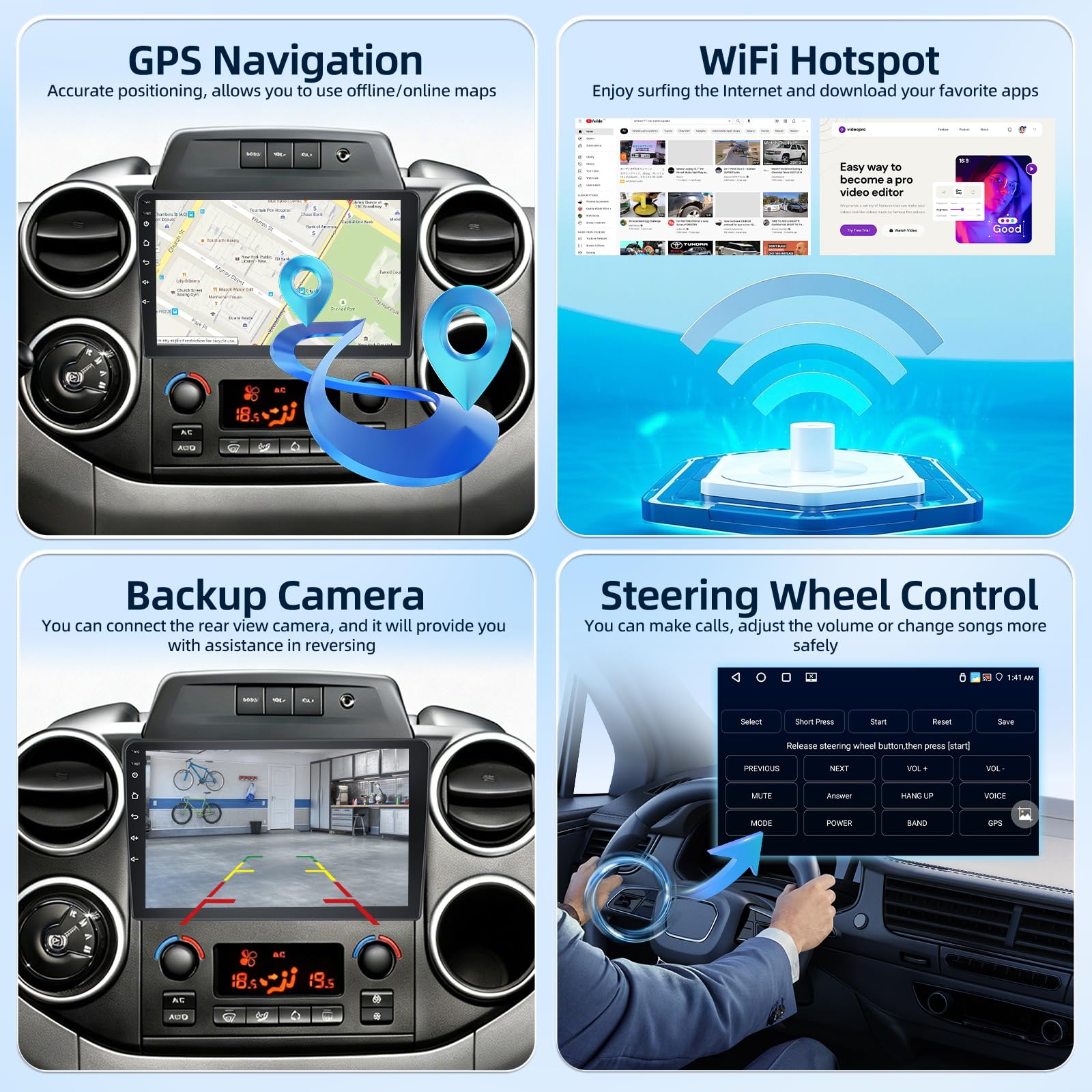 4G+64G Android Autoradio pour Citroen Berlingo 2015-2018/Peugeot Partner 2008-2019 avec Carplay & Android Auto sans Fil, Écran Tactile IPS 9 Pouces avec GPS, WiFi, 32EQ, Bluetooth 5.0, Radio FM/RDS
