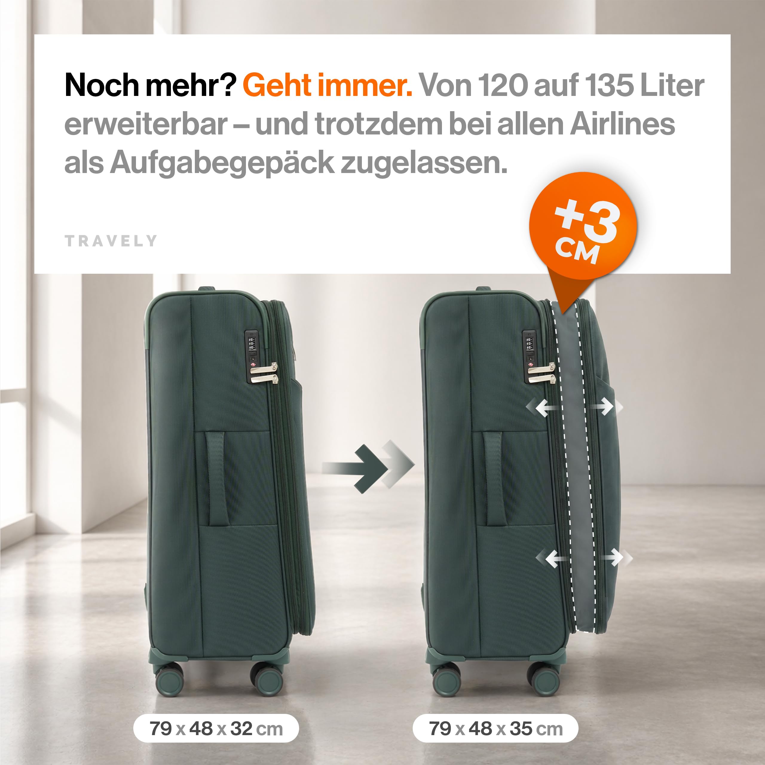 Travely Stoffkoffer XL - Großer Reisekoffer mit 4 Rollen und TSA Zahlenschloss - Leichter Weichschalen Koffer mit Dehnfalte, Koffer Groß aus reißfesten und wasserabweisendem Material, Trolley Groß