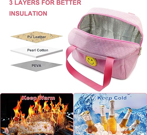 Miniatura 6 de Lonchera para mujeres, niñas y hombres, lindas bolsas de felpilla con cara sonriente, reutilizable, aislada, gran capacidad, reutilizable, aislada,