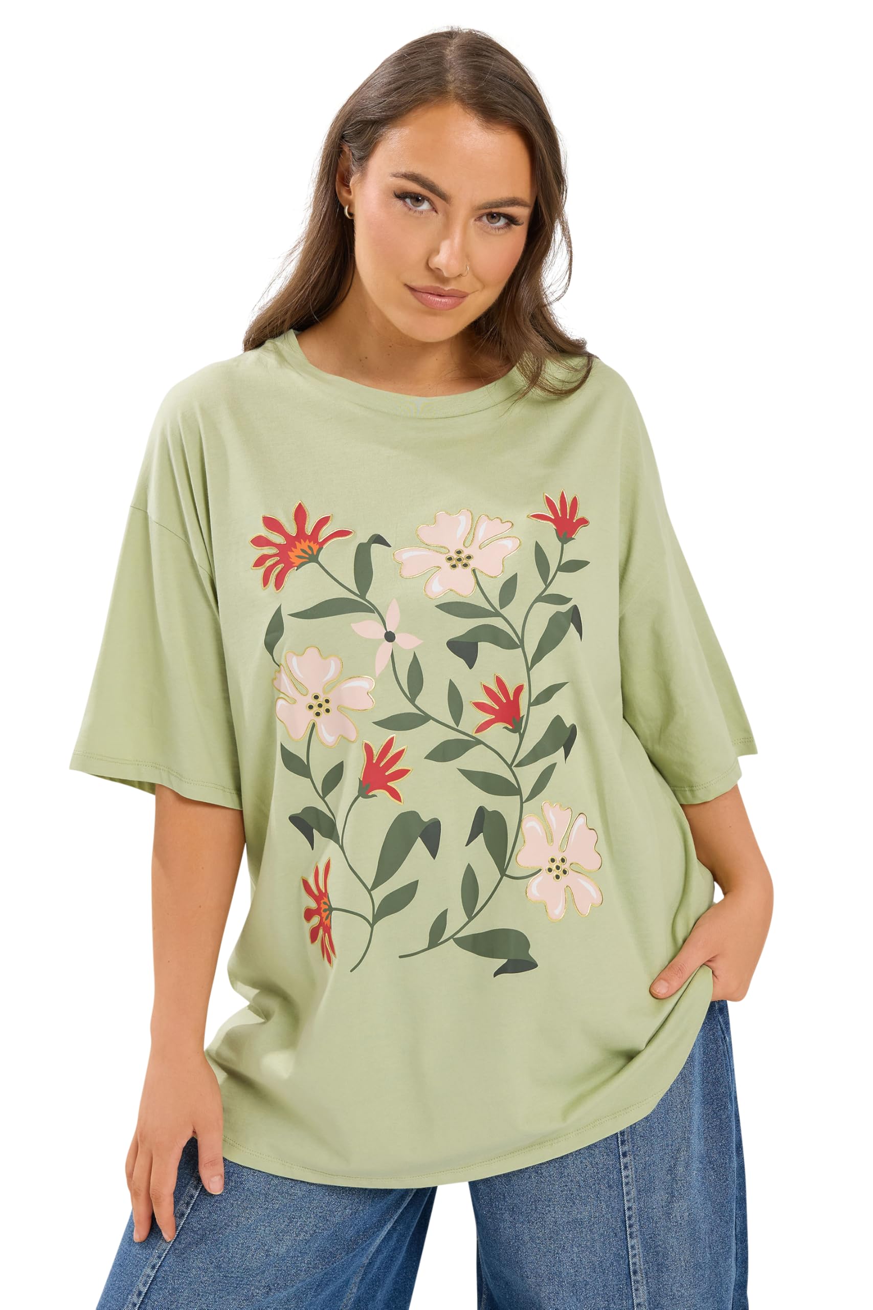 Yours Women's Pale Green Floral Graphic T-Shirt In | Size: 26/28