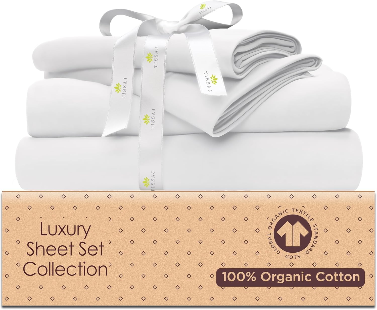 Tissaj Organic Cotton Sheets Twin Size – Ultra White – GOTS Certified – Durable Luxury Quality – Extra Deep Pockets & Secure Fit – Premium Bedding – Sateen Weave – with Carry Pouch – Set of 3