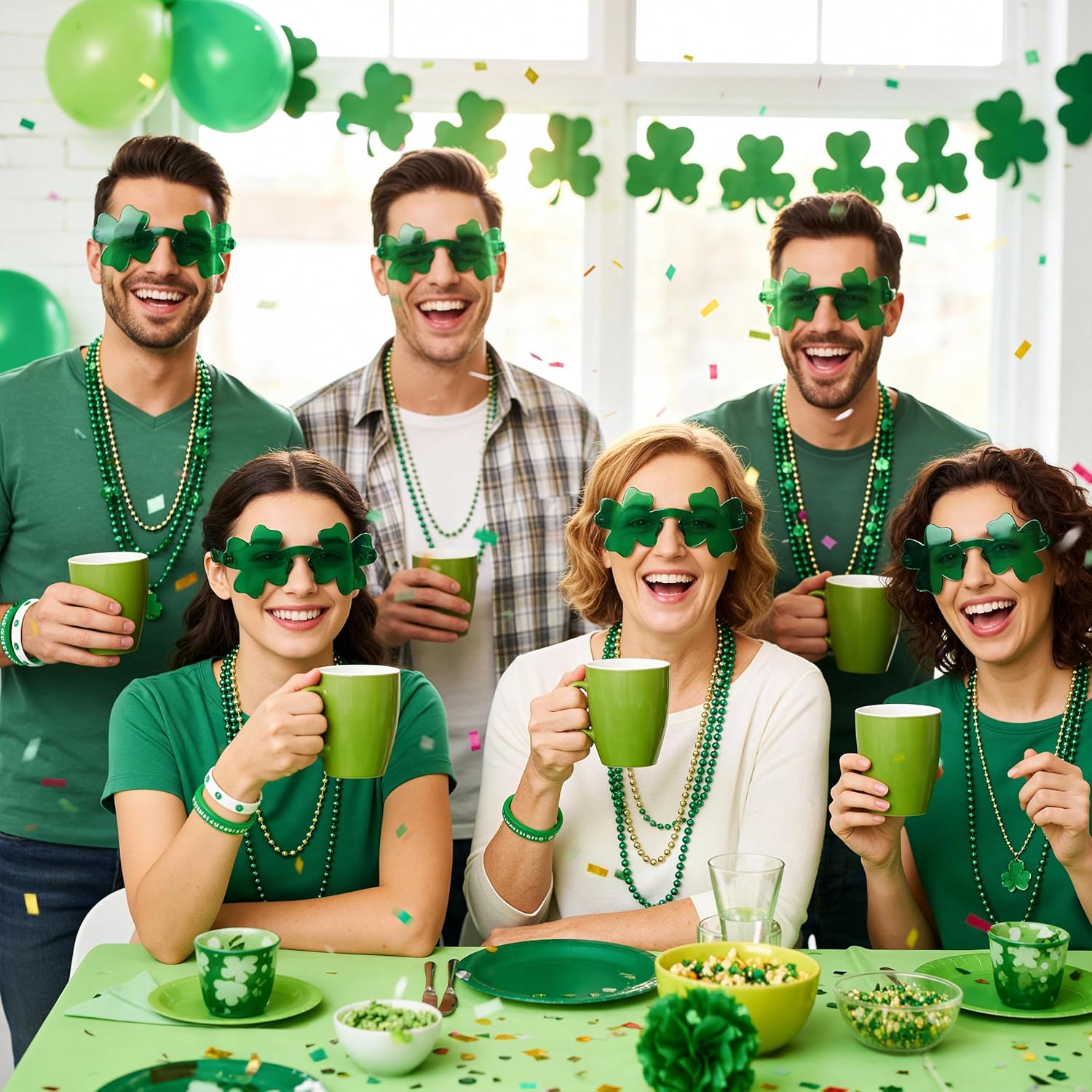 St. Patrick‘s Day Decorations Party Favors Set, 4 Shamrock Glasses & 12 Bracelets & 6 Necklaces Bulk Pack for Saint Patrick’s Day Party, Adults Kids Festival Accessories
