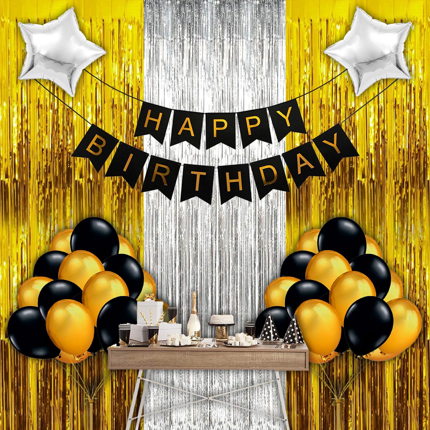 Kings of Things Happy Birthday Decoration Kit - 26Pcs Girls Kids Boys | Golden Black Balloons | Happy Birthday Banner | Birthday Decoration Items | Happy Birthday Party Decorations for Husband