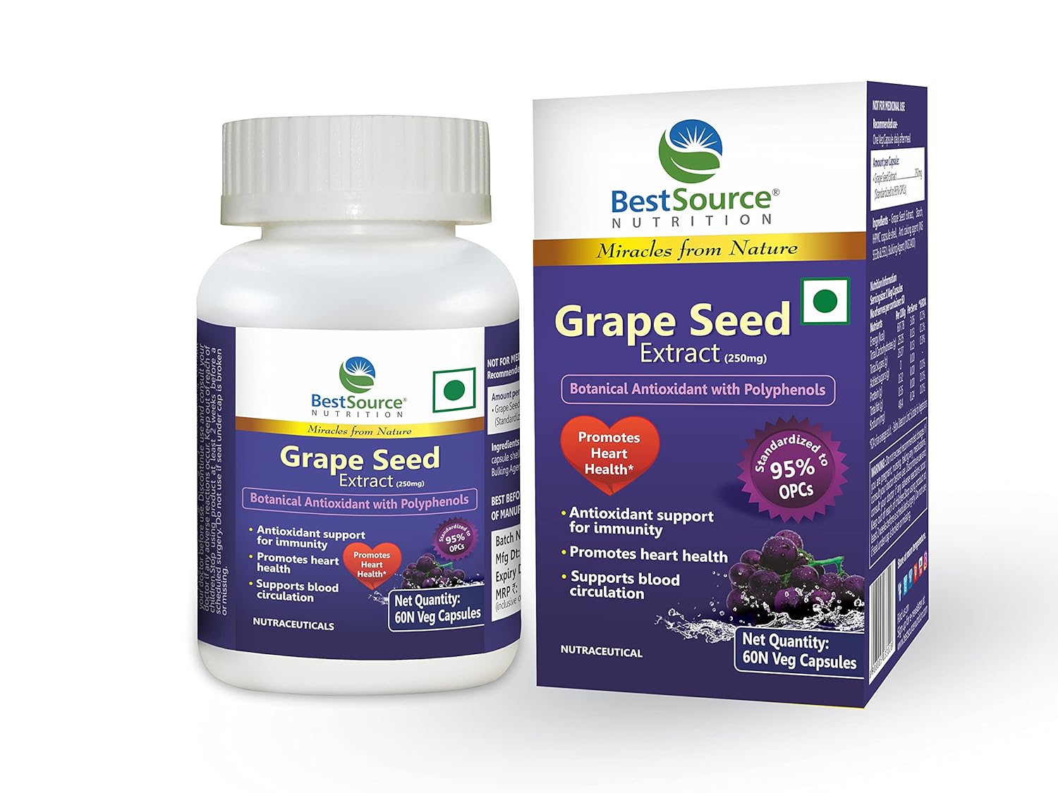 BestSource Nutrition’s Grape Seed Extract, Botanical Antioxidant with 95% OPCs, for immunity and heart health, 60 Veg Capsules of 250mg each