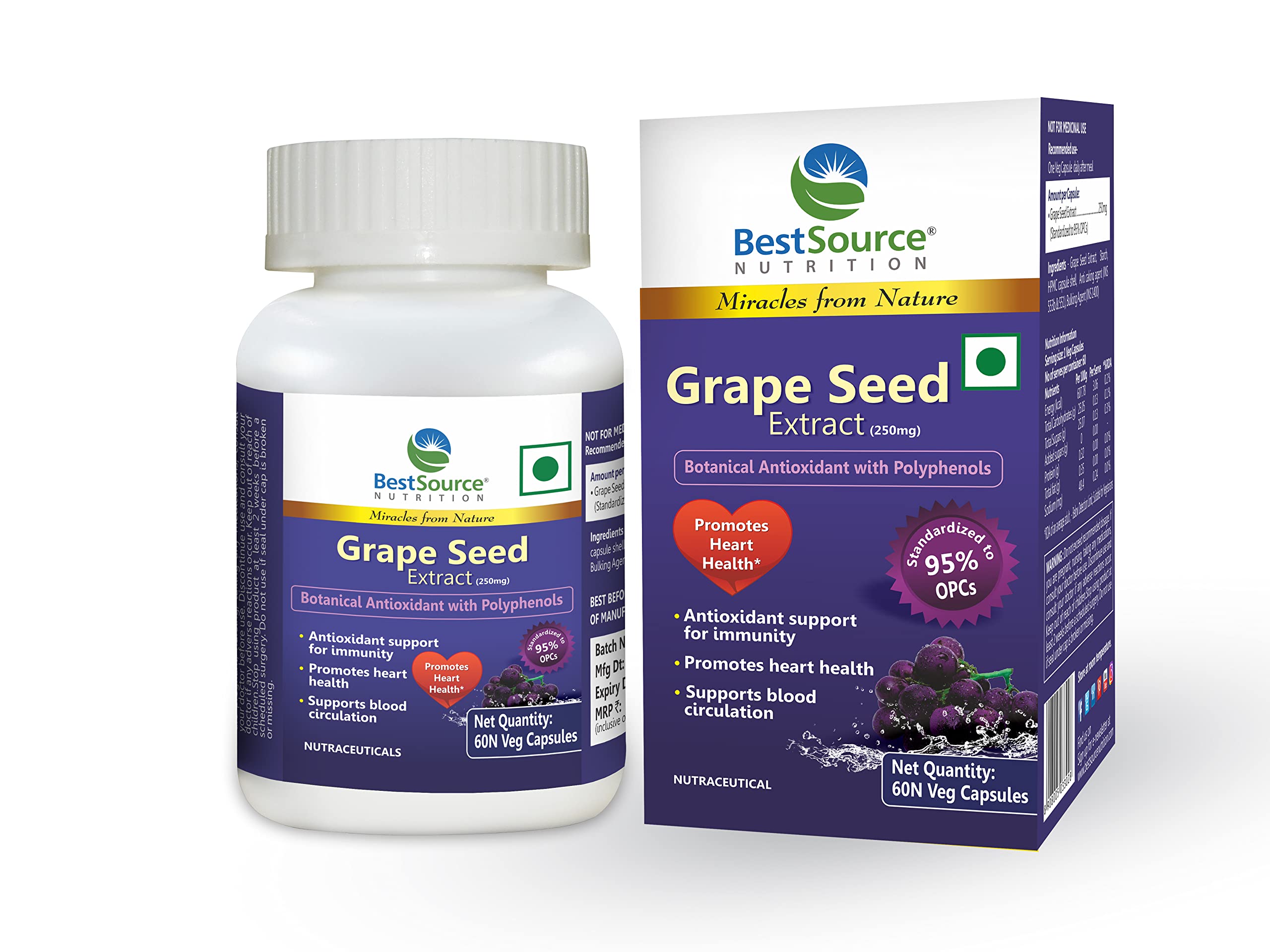 BestSource Nutrition's Grape Seed Extract, Botanical Antioxidant with 95% OPCs, for immunity and heart health, 60 Veg Capsules of 250mg each