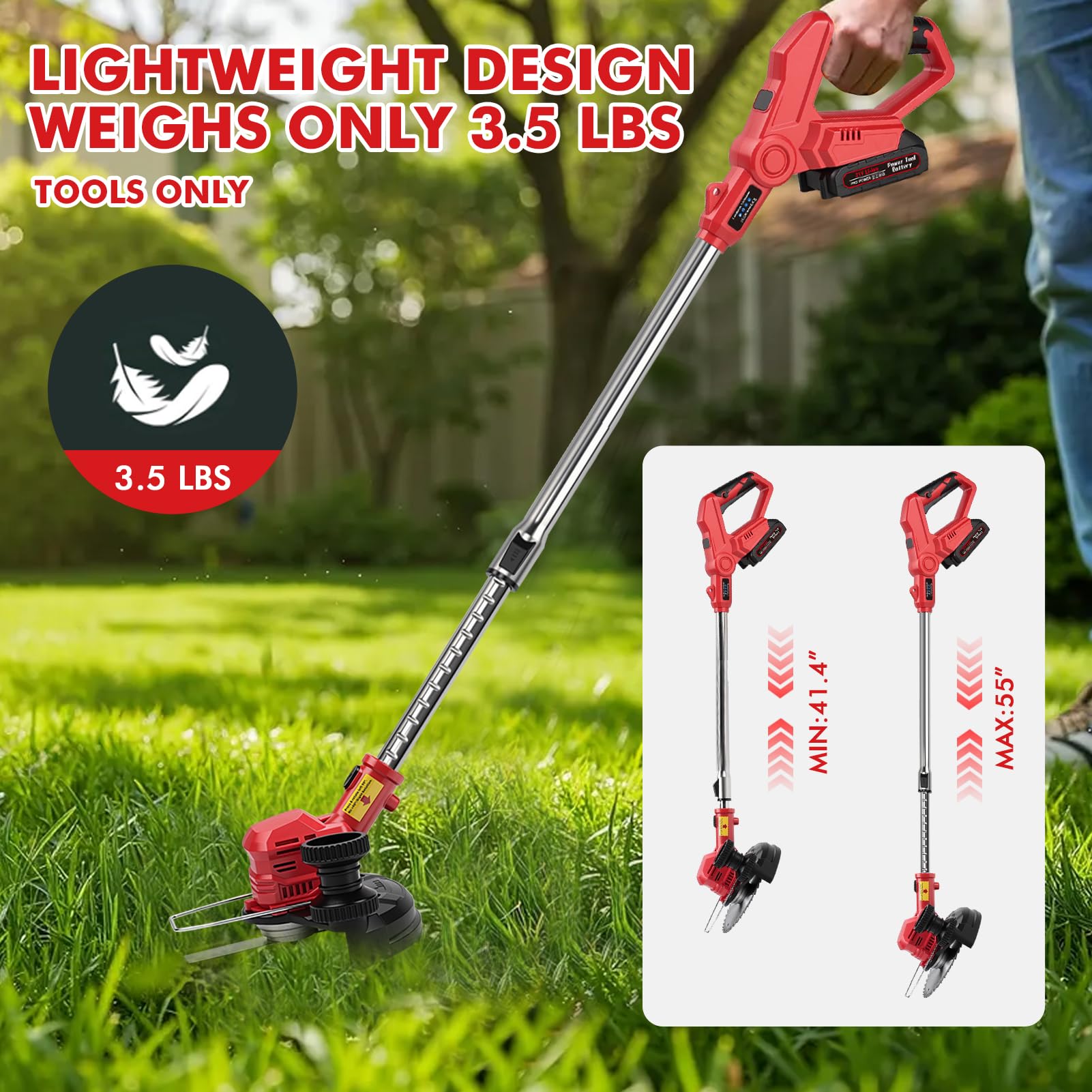 Desbrozadora batería de 21 V con 2 baterías y cargador, cabezal giratorio de 90°, 3 en 1, corte y corte de bordes, batería para césped, jardín, patio