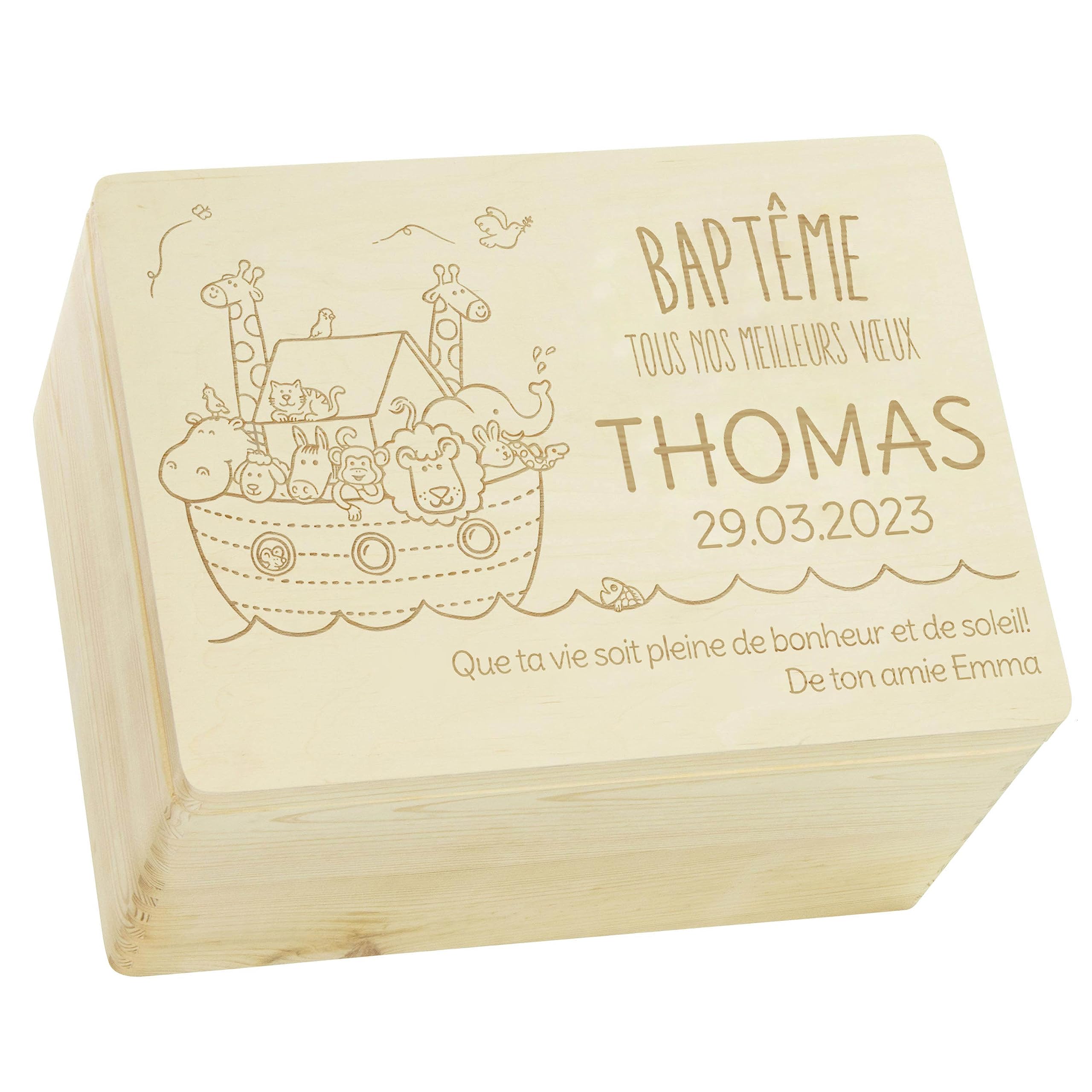 LAUBLUST Boîte à souvenir bébé - L'Arche de Noé - Cadeau naissance personnalisable | Taille XL, env. 40x30x24cm, Naturel - Boîte décorative en bois avec couvercle, FSC®