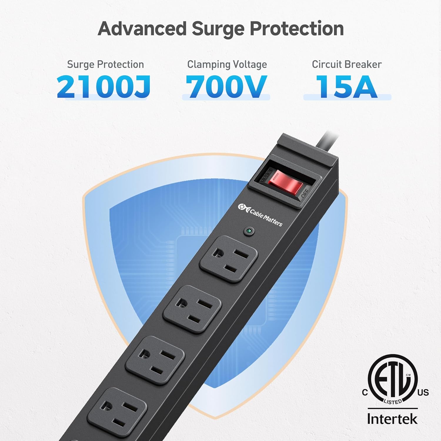 [ETL Certified] Cable Matters Wall-Mountable 8 Outlet Power Strip - 8ft Cord, Metal, 2100J Surge Protector with 15A Circuit Breaker, Industrial Power Strip Surge Protector for Garage, Workshop, Black