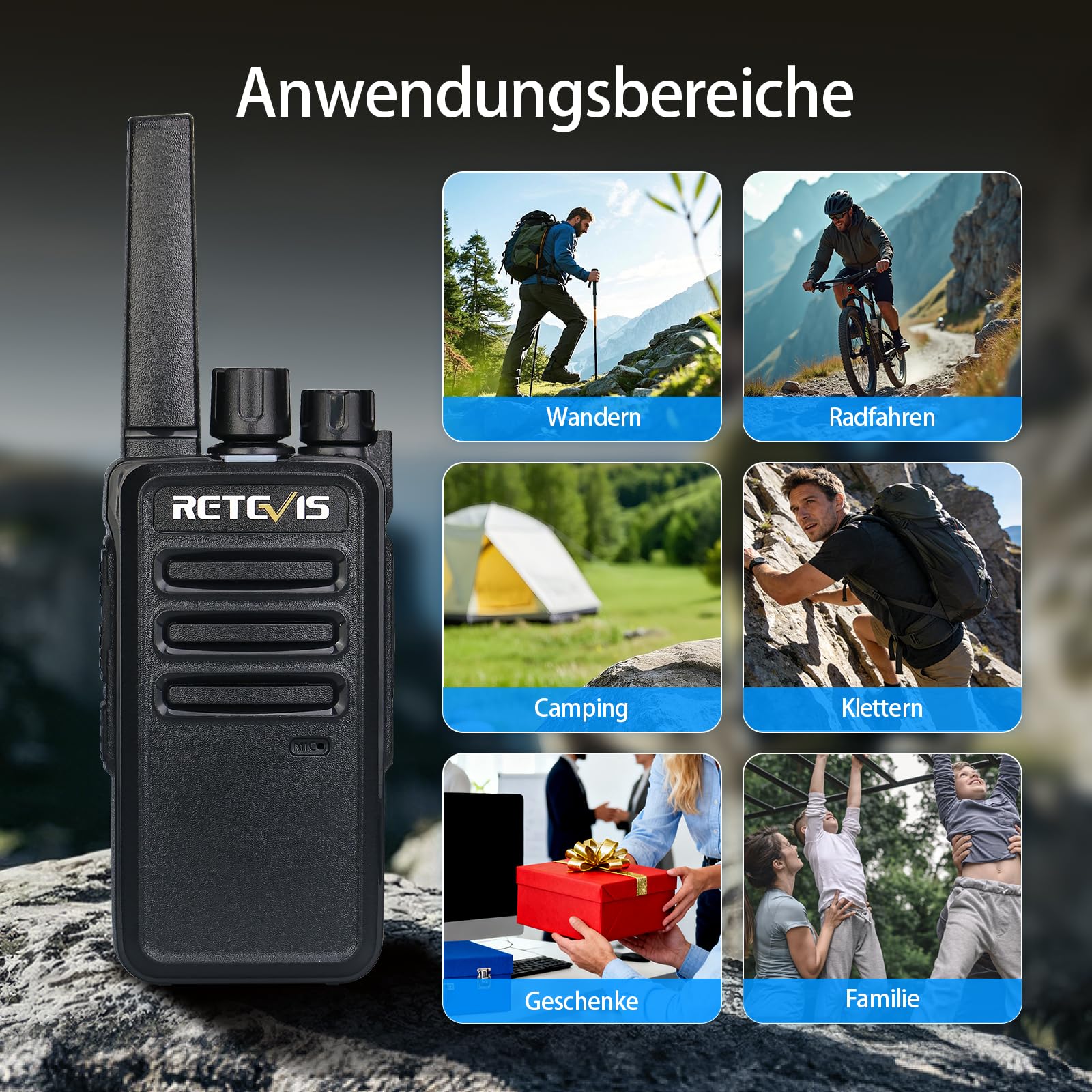 Retevis RT668 Walkie Talkie Professionali, Ricetrasmittenti PMR446, 1200mAh, VOX, Anticaduta, Antipolvere, Walkie-Talkie con Auricolareper per Sport All'aria Aperta,Escursionismo (Nero, 2 Pezzi)