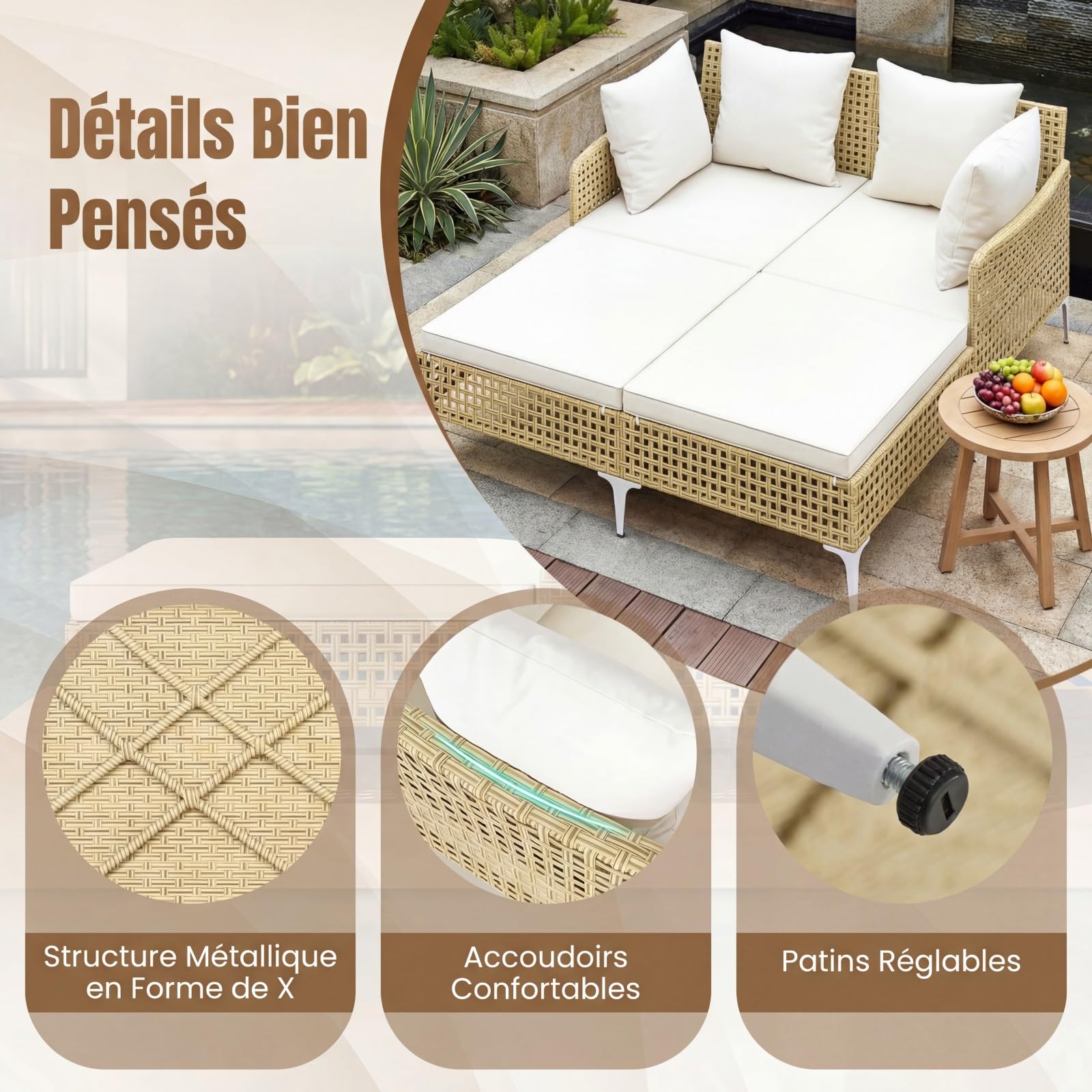 COSTWAY Bain de Soleil Double en Rotin PE, Cadre en Métal, Charge 360 kg
