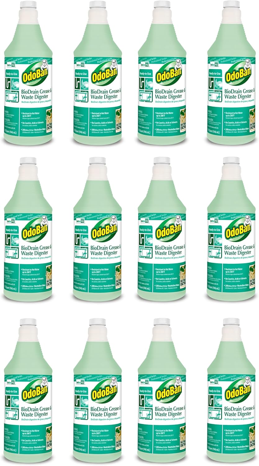 OdoBan Professional Cleaning Ready-to-Use BioDrain Grease and Waste Digester, Made in the USA, Set of 12 Bottles, 32 Ounces Each