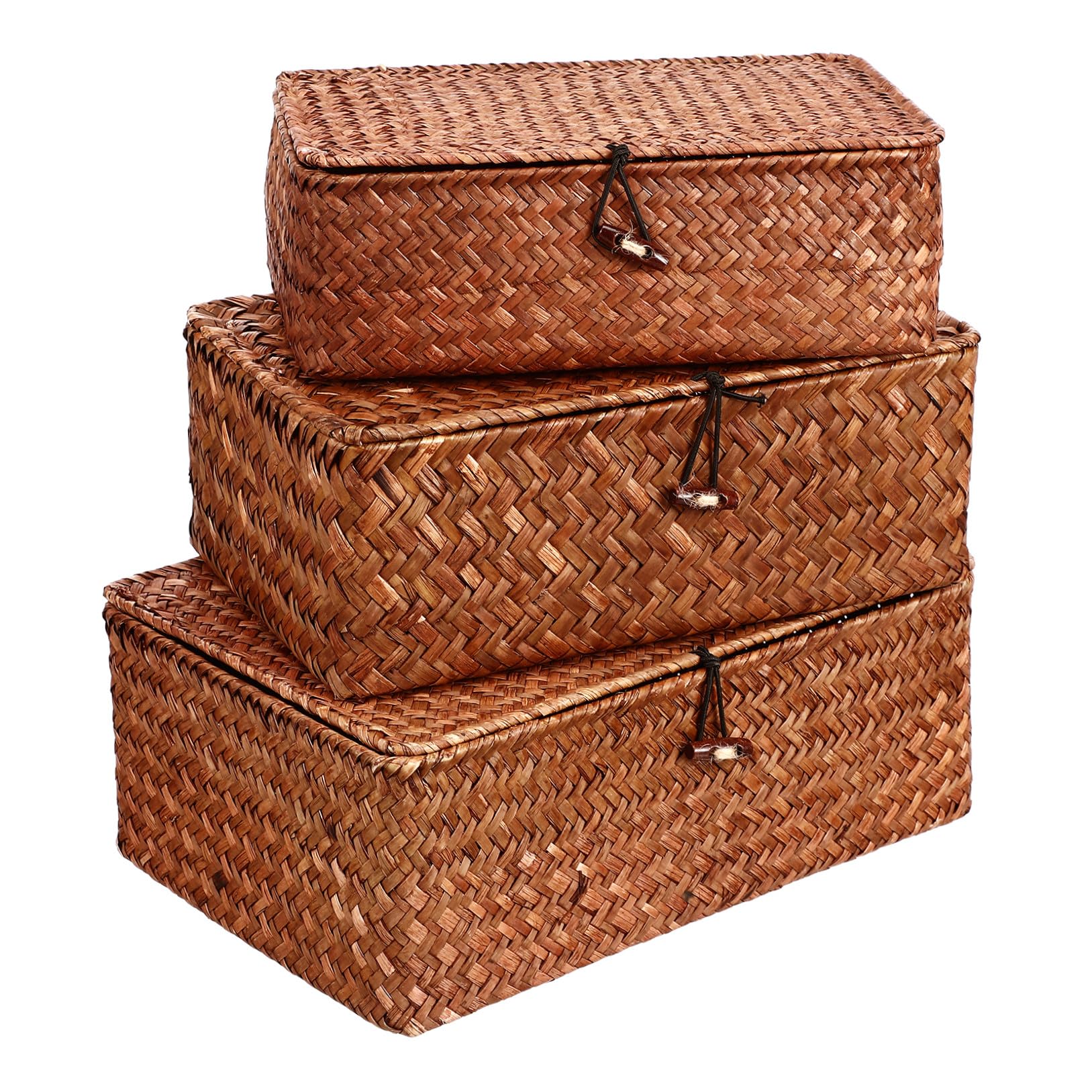 PACKOVE Cestas Tejidas de Algas Marinas con Tapa, Set de 3 Piezas Grande, Mediano y Pequeño, Caja Organizadora Multifuncional para Almacenamiento en Salón y Oficina, Caja Decorativa