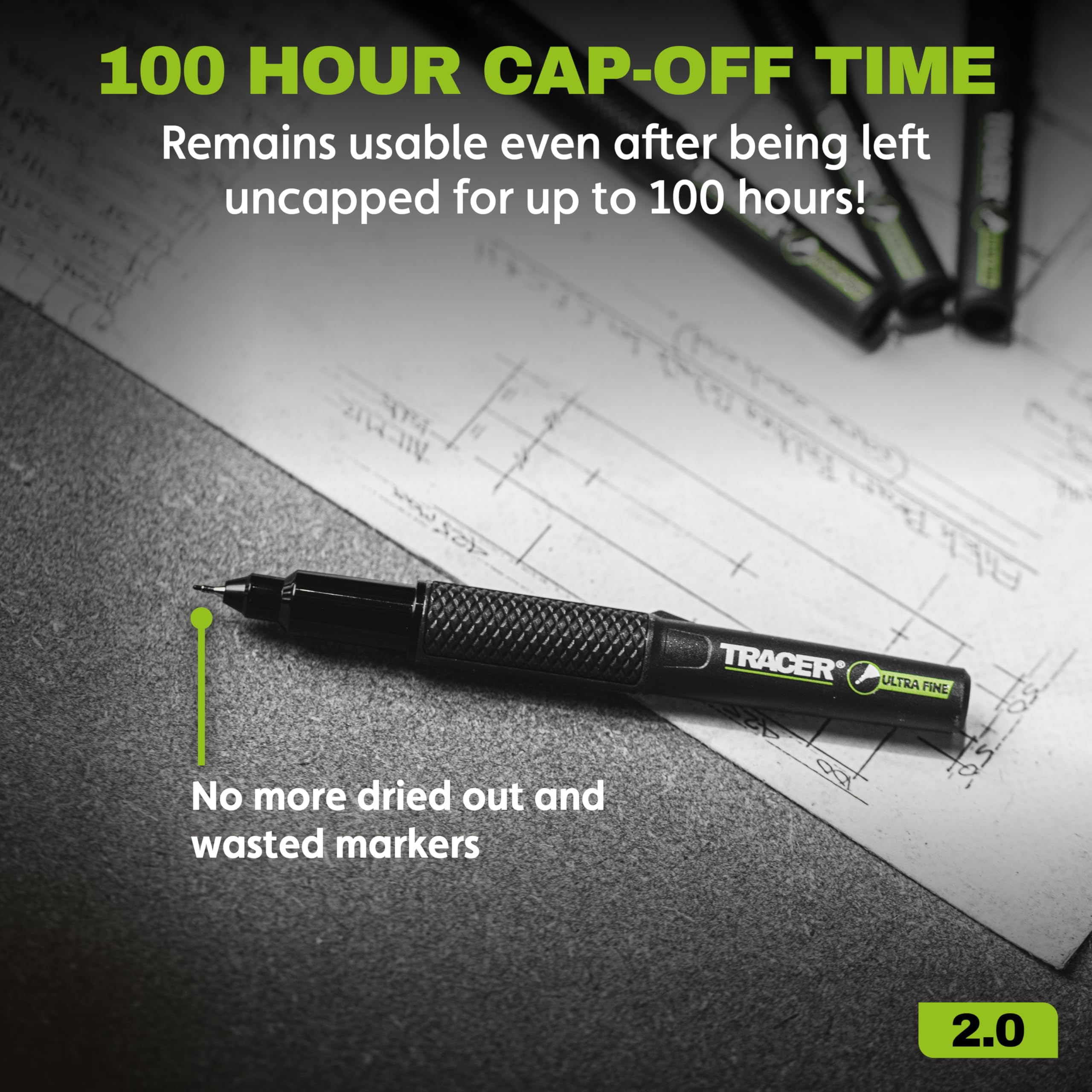 Tracer 2.0 Ultra Fine Tip Black Permanent Marker Pens x 36-100hr Cap-off time, Fast-drying Black Marker Pens x 36