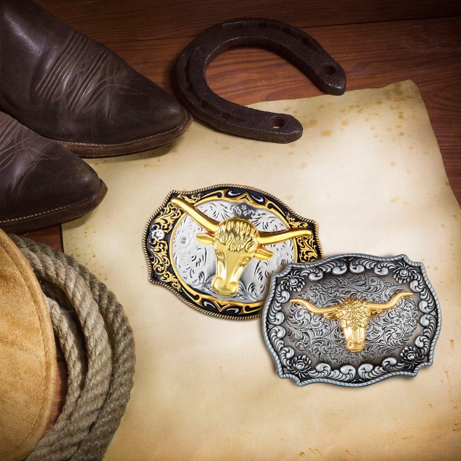 WILLBOND 2 Pieces Longhorn Bull Eagle Letter J Belt Buckle Cowboy Belt Buckle Western Rodeo Bull Buckle for Men