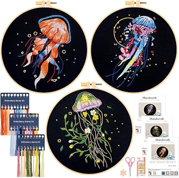 JSRQT 3 Sets Hand Embroidery Kits with Patterns Stamped Embroidery Starter Kits Full Range of Cross Stitch Kit for Adults Beginners Craft Lover DIY Needlepoint Kit with Hoop Threads Scissors