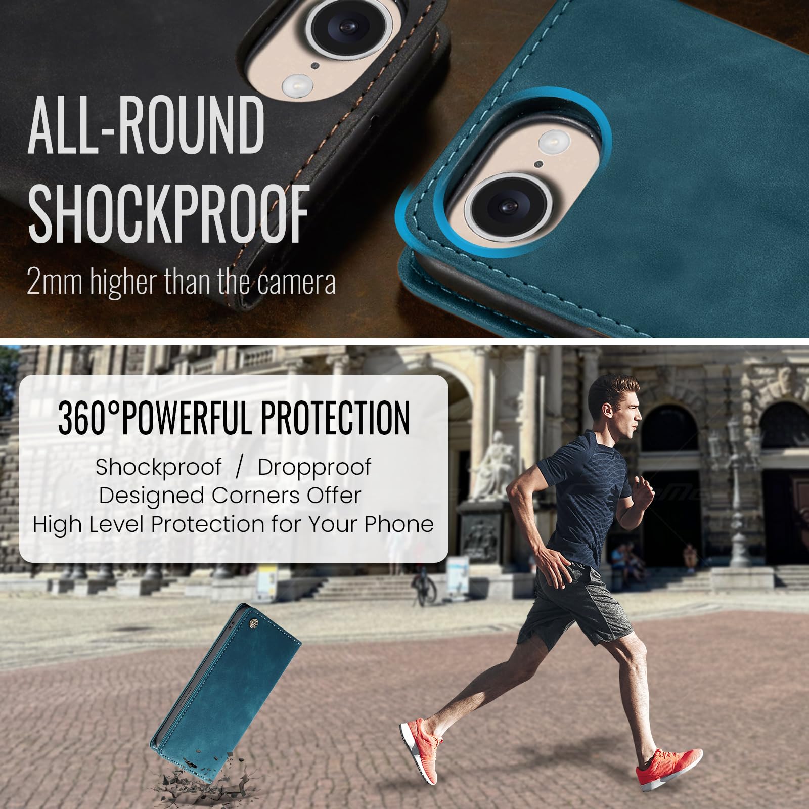 Azororo Cover per iPhone 16E 5G, Premium PU Pelle Custodia, Magnetica Carta Fessura Portafoglio Case, Flip Cavalletto Custodia per iPhone 16E - Blu verde