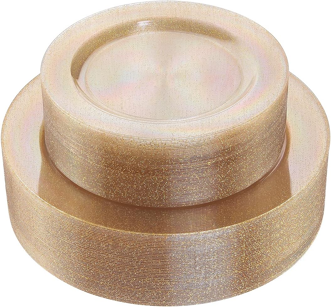 I00000 102PCS Gold Glitter Plastic Plates, Gold Glitter Disposable Plates Clear Plastic Party Plate Include 51 Dinner Plate 10.25 and 51 Dessert Plate 7.5 for Parties &Wedding
