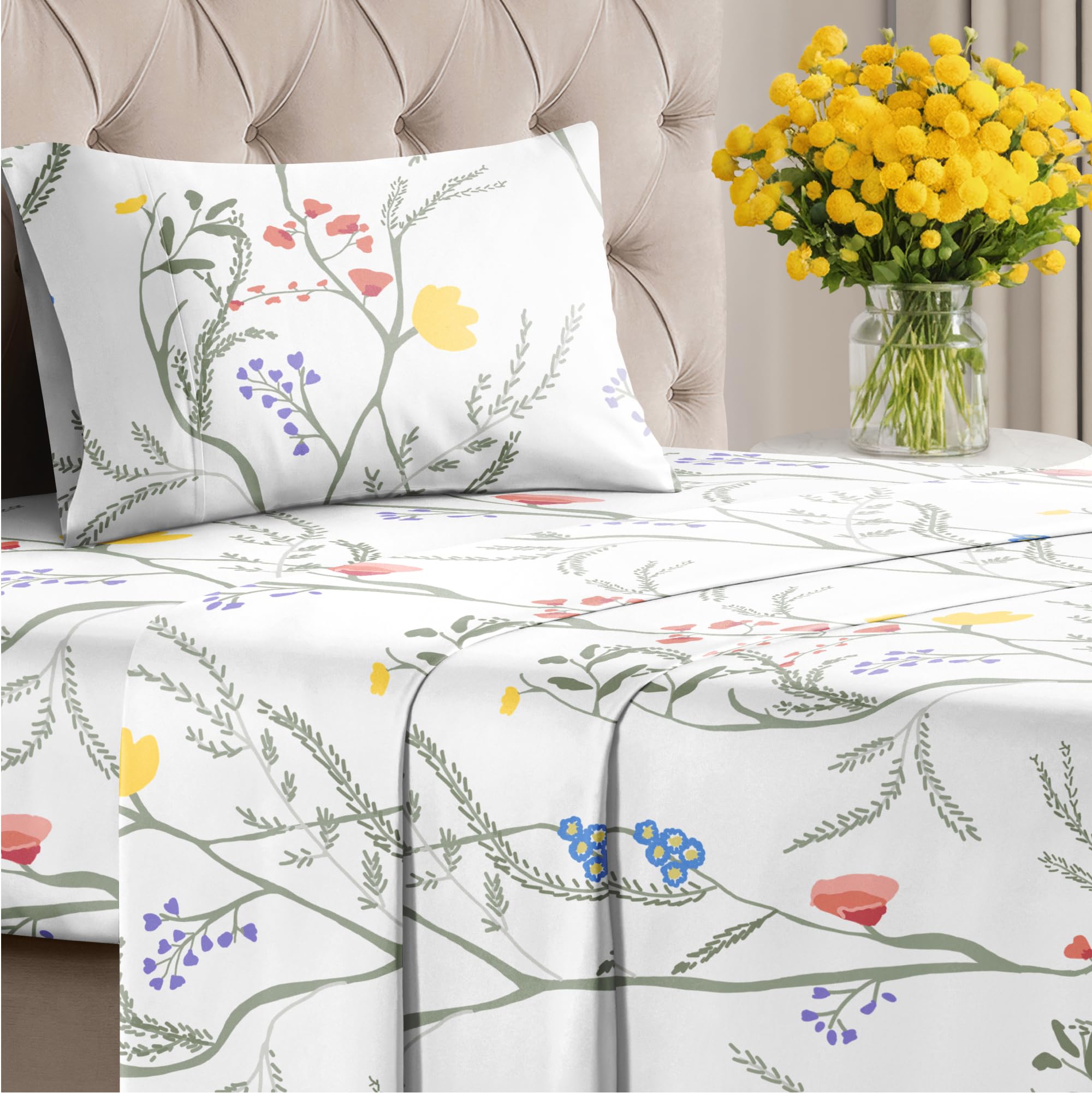 Floral Sheets - Boho Twin Bed Sheet Set - 1 Flat, 1 Fitted & 1 Pillowcase w/ Deep Pockets - Comfy, Easy-Care, Wrinkle & Fade Free Boho Botanical Bedding - Soft, Breathable & Cooling - Twin Size Set