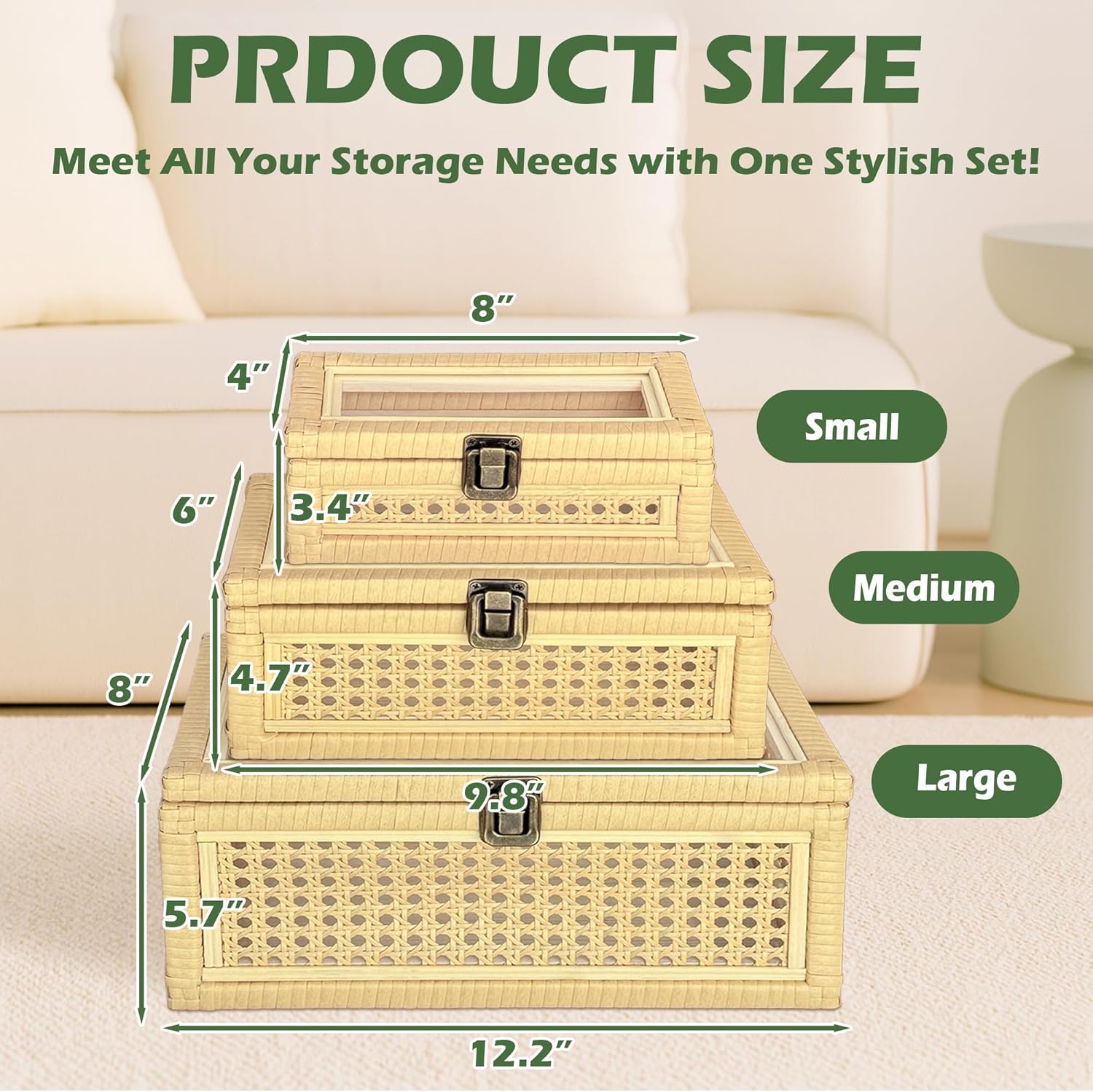 Rattan Decorative Boxes with Lid 3 Packs, Woven Cane Storage Box Rectangular Set of 3, Rattan Box with Acrylic Lid for Home Decor