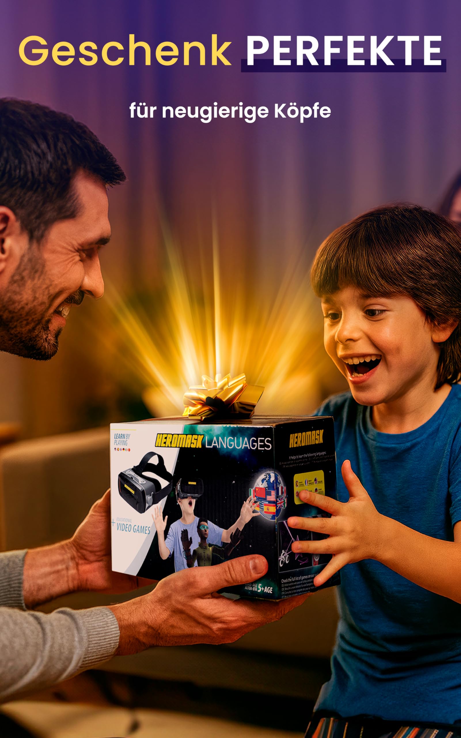 Heromask VR Brille Kinder 5-12 Jahre · Sprachen-Lernspiel Englisch & Mehr | Englisch, Spanisch & Französisch spielerisch in VR lernen. Für iPhone/Android. Originelles Geschenk für Kinder