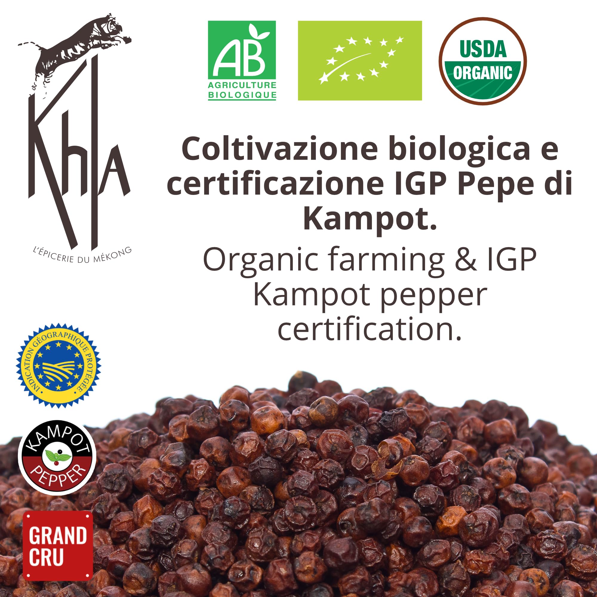 Khla - Pepe Rosso di Kampot Certificato Biologico 200g - Pepe Kampot in Grani Bio - Dolce e Fruttato - Ingrediente Spezie Cucina - Produzione Limitata - Direttamente dal Produttore - Origine Cambogia