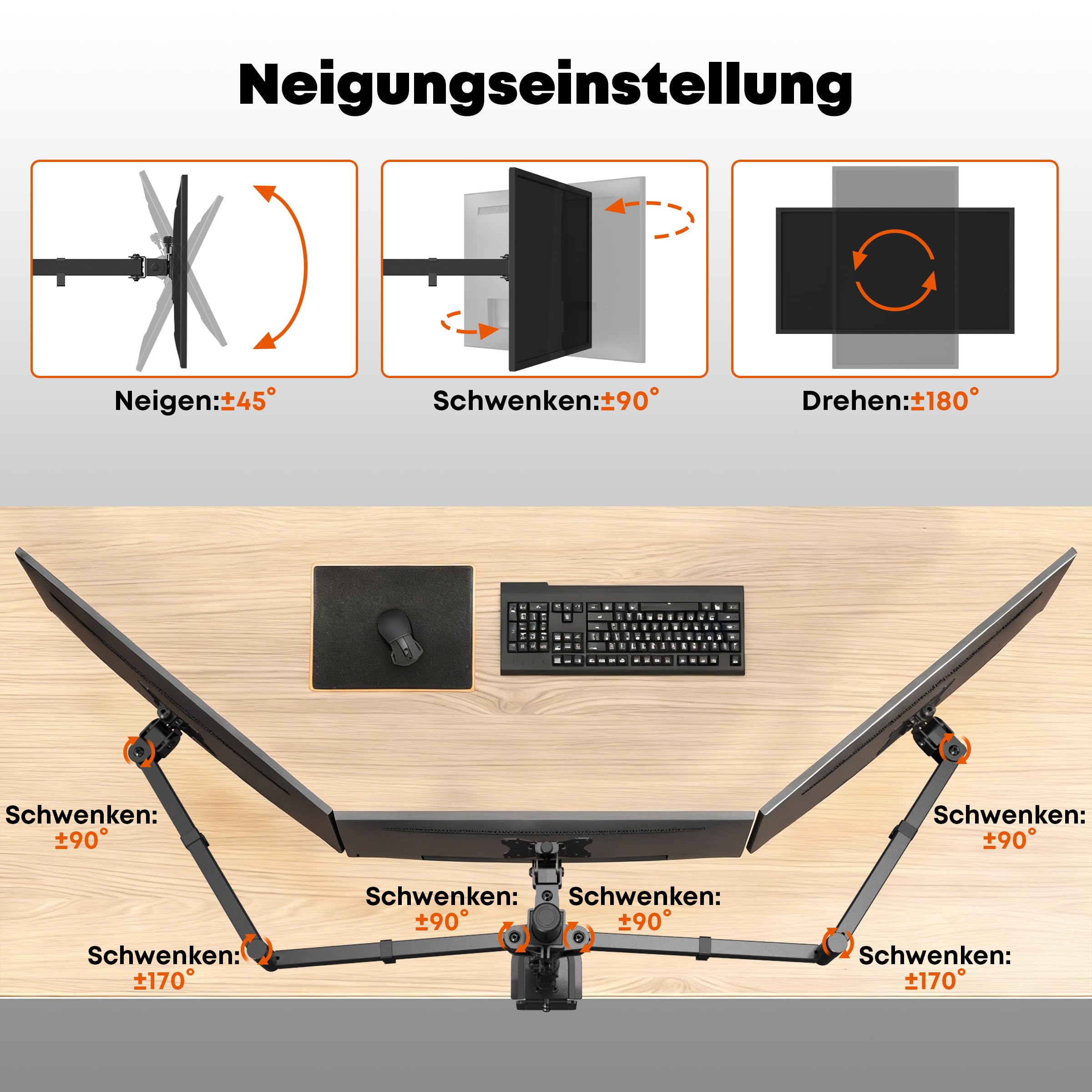 Monitor Halterung 3 Monitore 13-27", VESA 75/100, je 10kg, voll verstellbar | Triple Halterung, Höhenverstellbar, Ergonomisch Tischklemme, Schwarz, Neigung & Drehung verstellbar, Homeoffice & Gaming