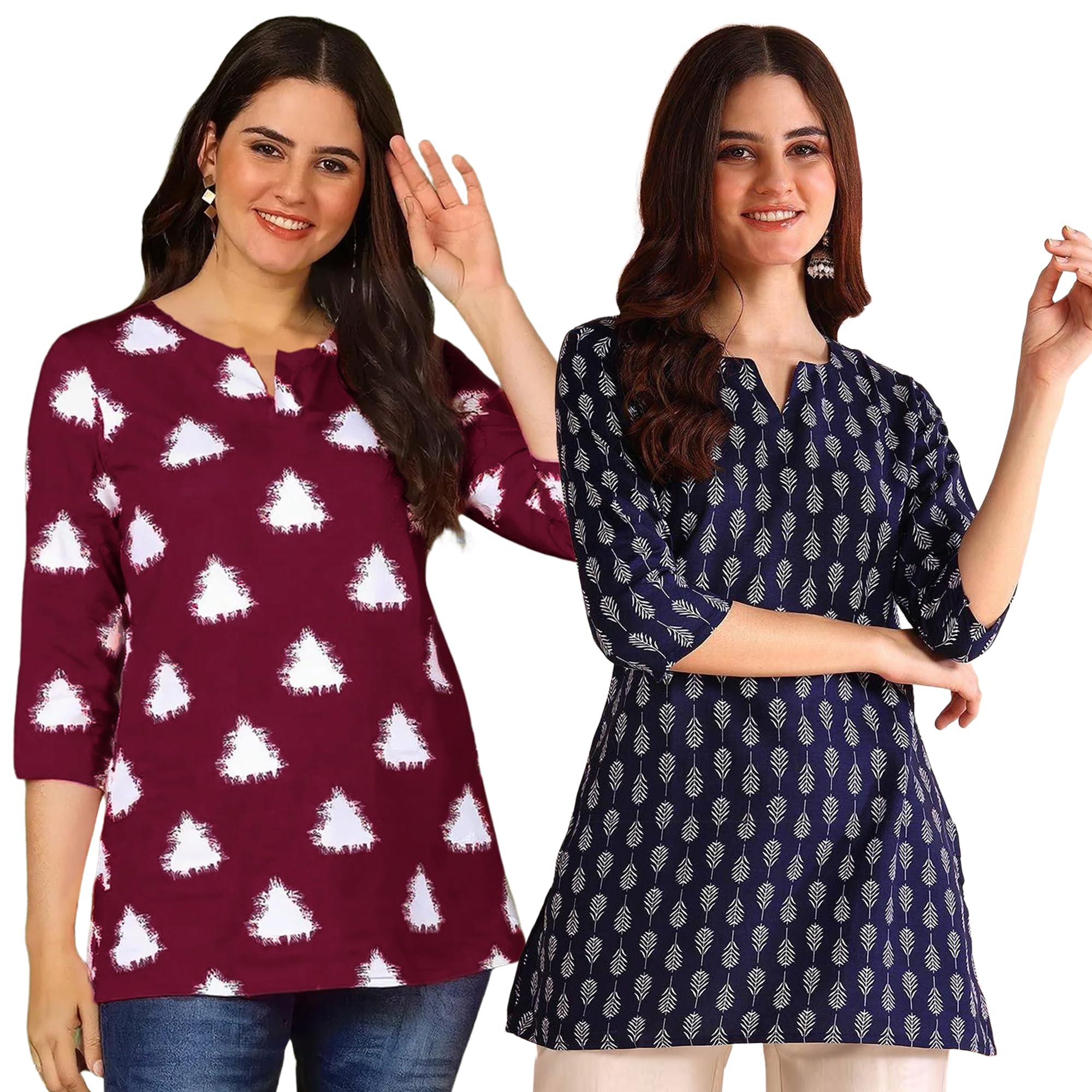 pinkmint Women's Printed Cotton Blend Short Kurti with 3/4th Sleeve & Notch Neck l Casual & Office Wear Tunic Shirt Kurti-picture-13