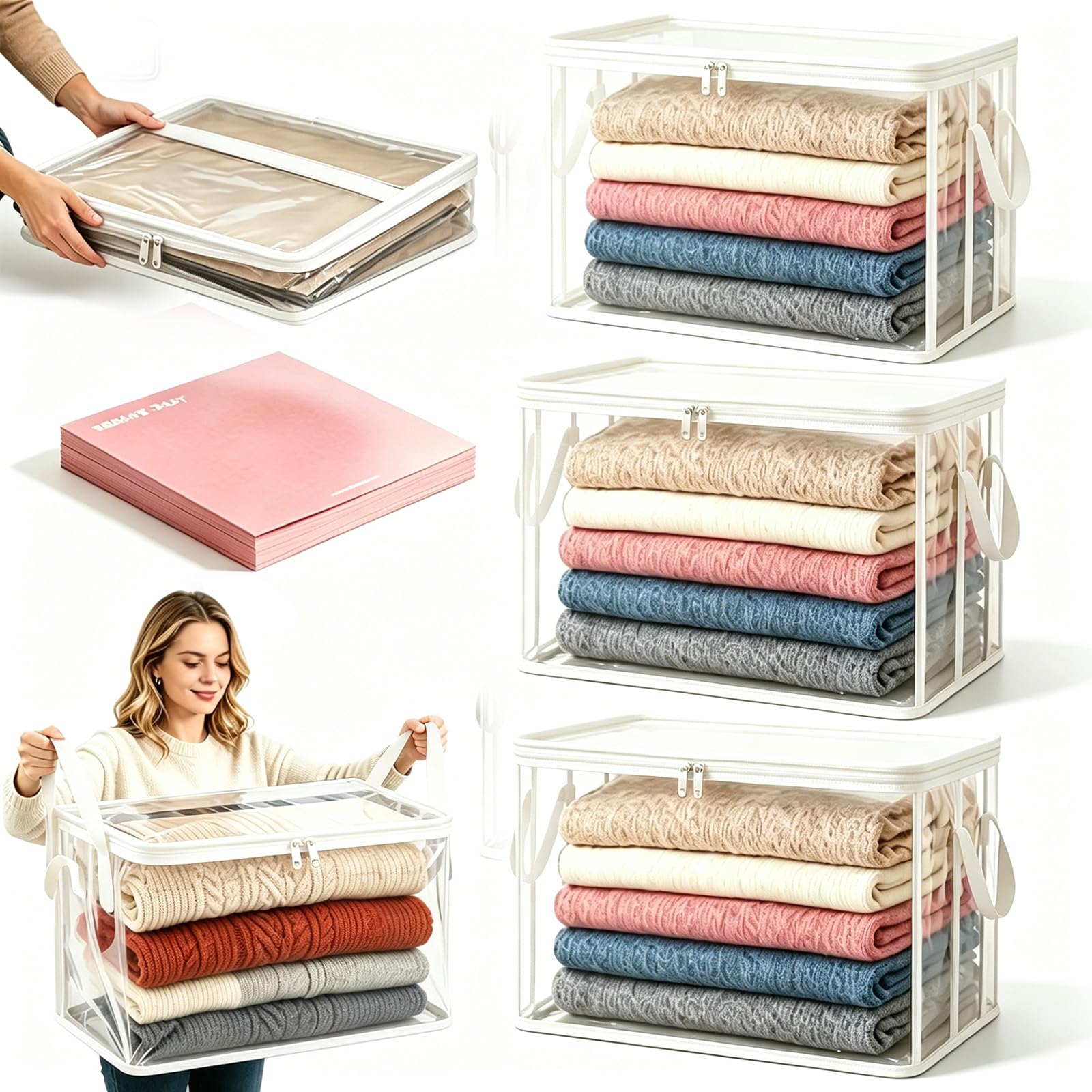 Large Heavy-Duty Thick Plastic Clear Storage Bag for Clothes, Moving & Storage, Clear Stackable Storage Bins with Reinforced Handles & Zipper, Packing Boxes for College Moving, Books, Blankets (A2,3)