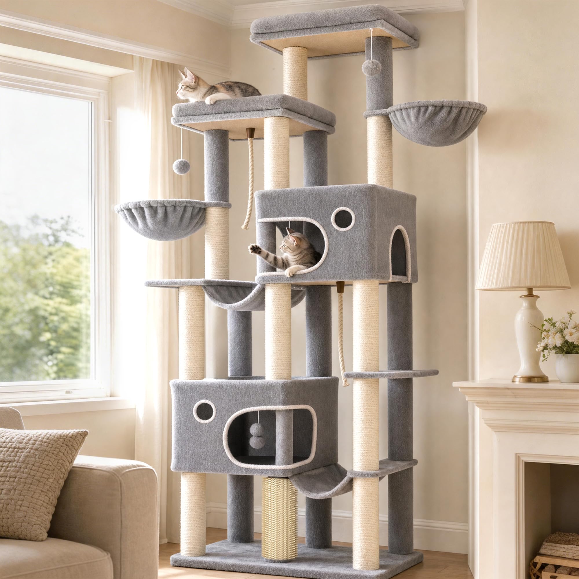 Hzuaneri Albero Tiragraffi Grande per Gatti, Torre per Gatti da Interno 213 cm con 2 Piattaforme XL, 2 Grotte, 10 Pali in Sisal, 2 Amache e Massaggiatore, per Maine Coon, Grigio Chiaro, MS21418LG