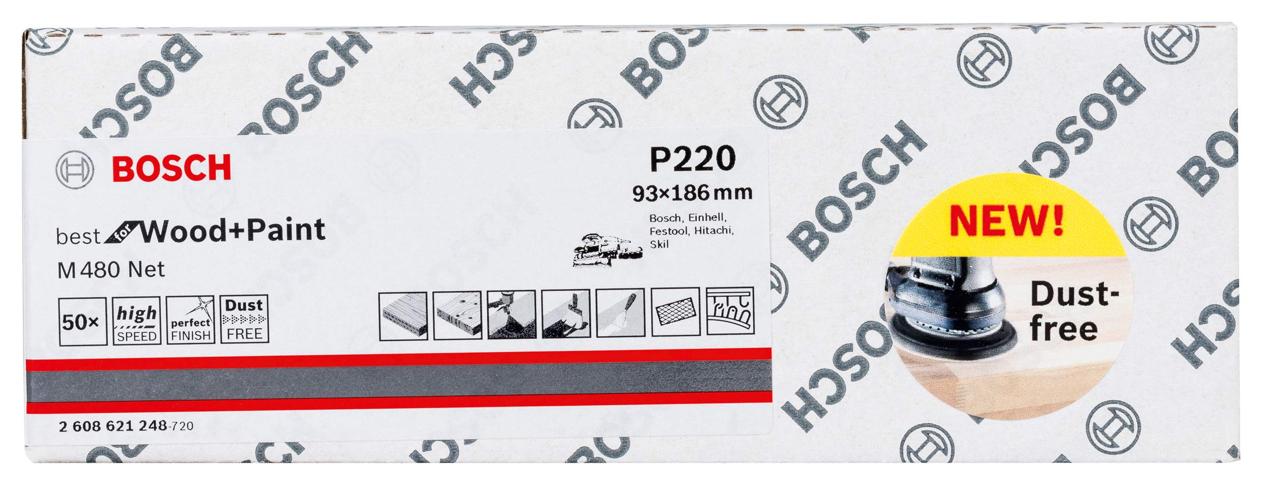 Bosch Accessories 50 feuilles abrasives M480 Best for Wood and Paint (Bois et peinture, 93 x 186 mm, grosseur de grain G220, Accessoires pour ponceuse excentrique)
