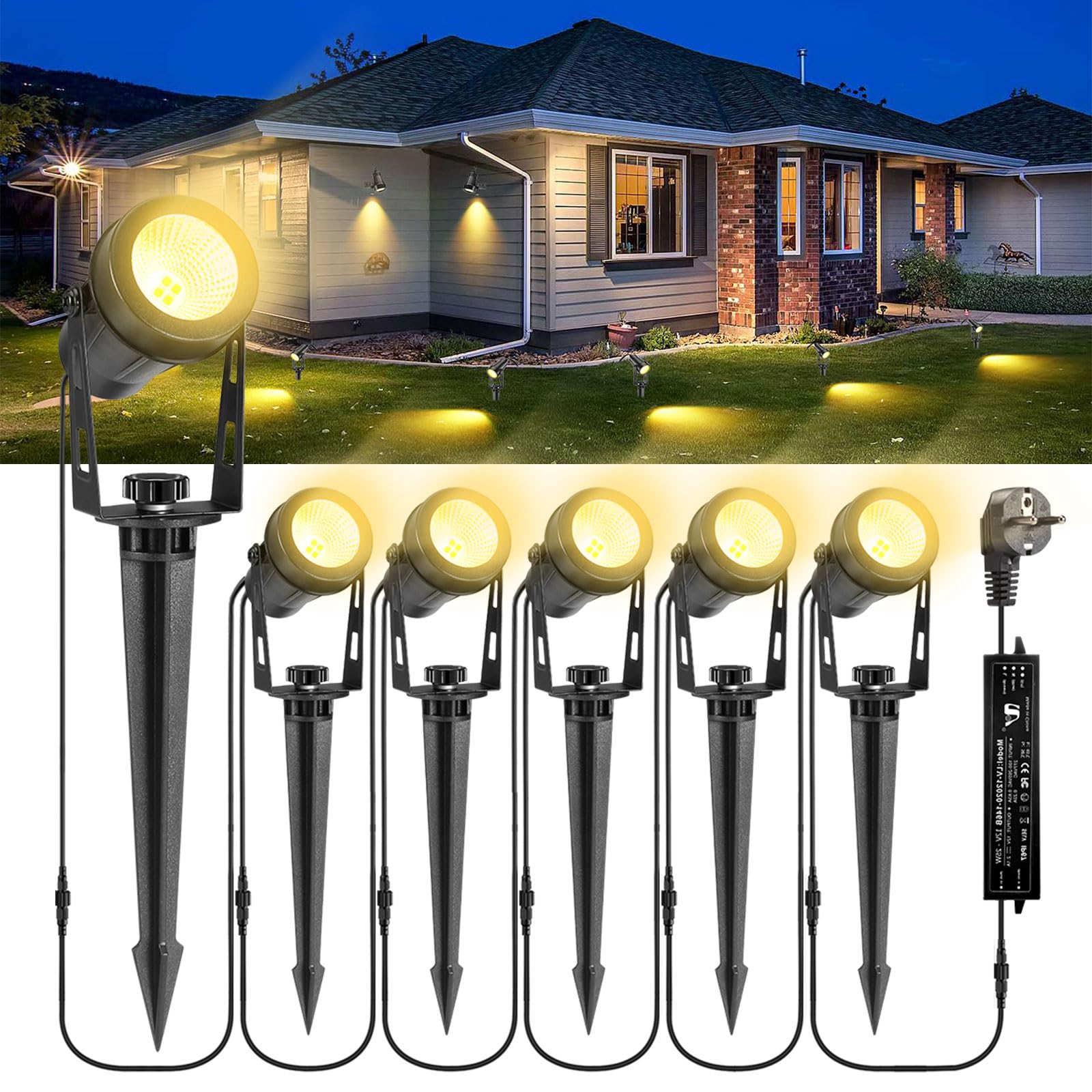 B-right 21m Focos Exterior Iluminación de Jardín con Seguro Voltaje, 3W*6 Luz Exterior Impermeable IP65 Lámpara de Jardín Apto Decoración Foco Reflector, Luces Proyctor Patio con Enchufe Blanco Cálido