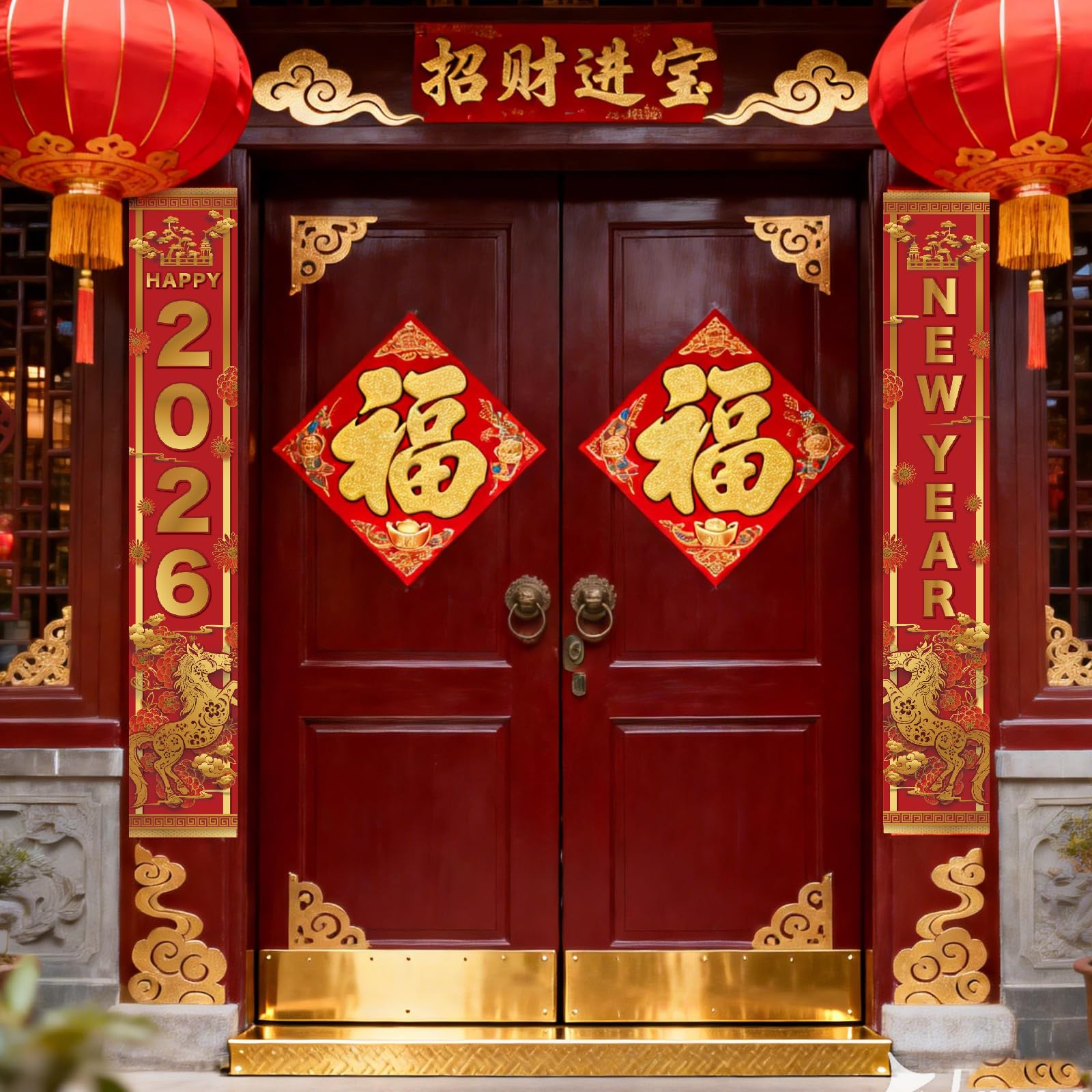 Chinese New Year Decorations 2026 Happy New Year Banner Year of the Horse Spring Festival Couplets for Door Window Party Accessories Decor New Years Eve Decorations 2026 Banner Porch Sign,Red 2Pcs - Image 2