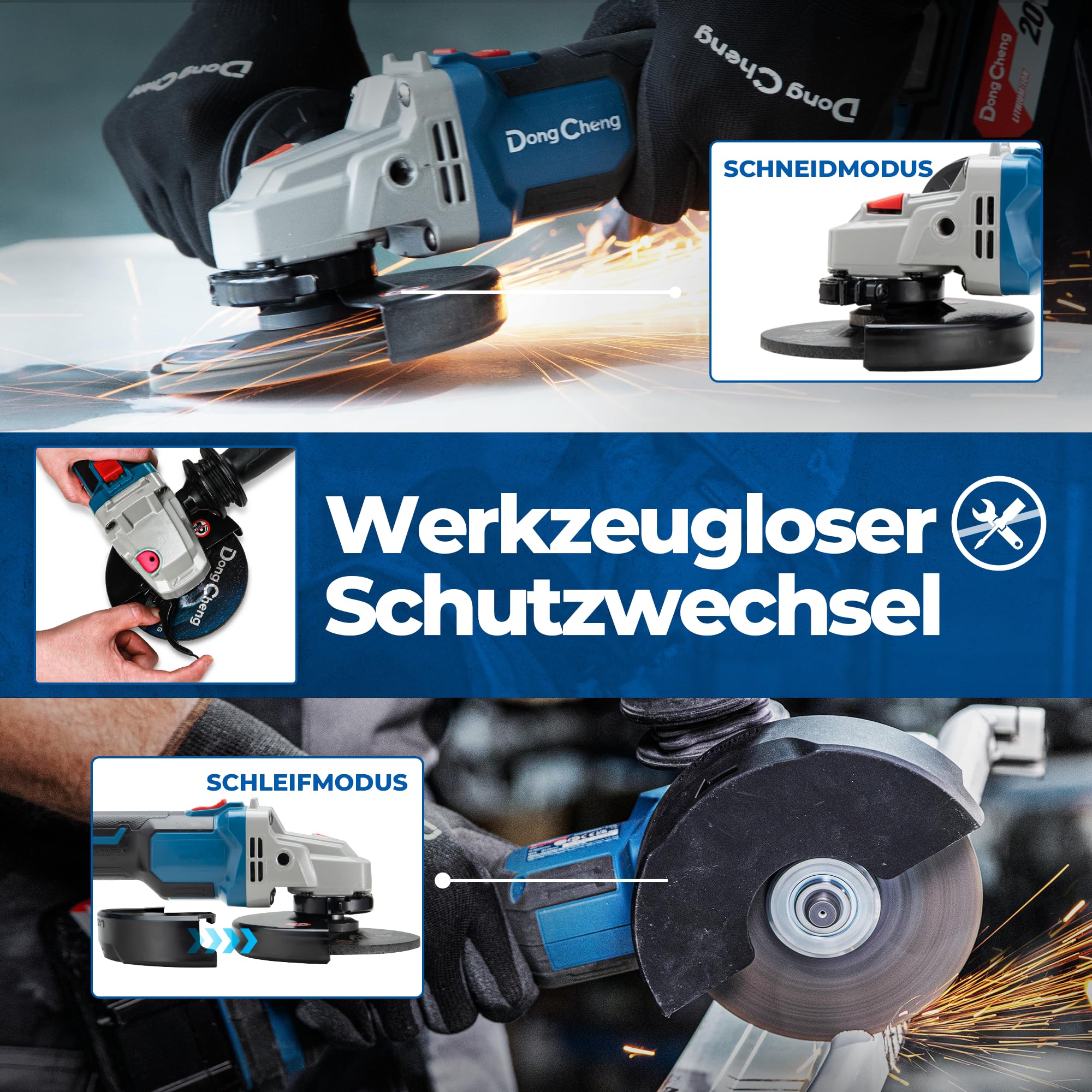 DongCheng 18V Akku Winkelschleifer Ø125mm, Schnellverschlussabdeckung | 8500 U/minBürstenloser Motor, Anti-Vibrations-Griff, 2 Schleif-, 2 Fächer-, 2 Trennscheiben, 4.0Ah Akku & Ladegerät