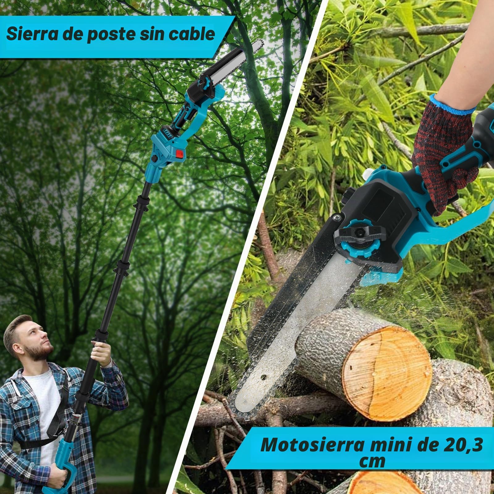 Motosierra con batería compatibles con Makita 18 V, 2 en 1, minisierra de cadena sin escobillas de 8 pulgadas, con barra de extensión de 2 m, extensible hasta 4,5 m para corte de árboles, cuidado del