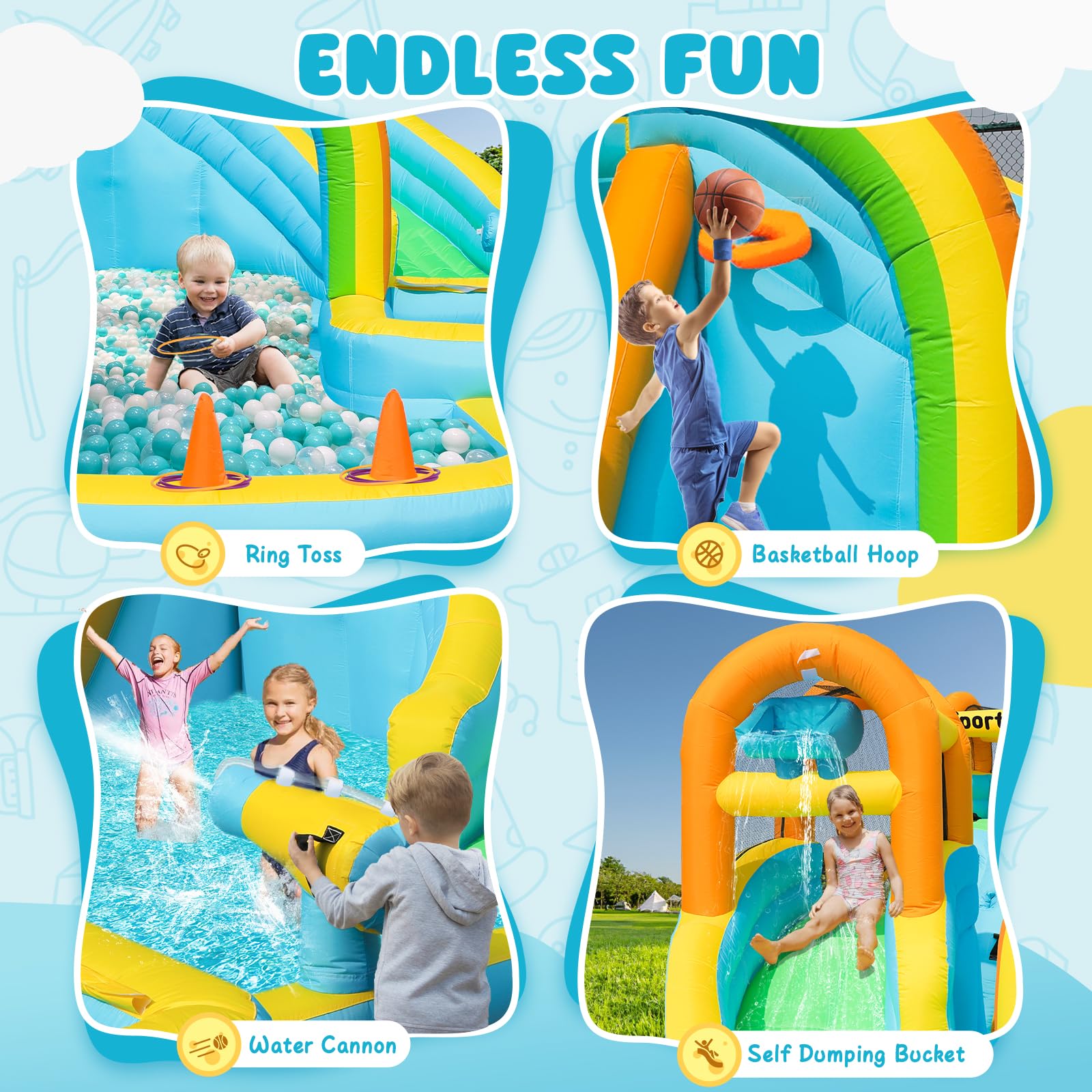 Hüpfburg mit Gebläse und Wasserrutsche, Hüpfburg Kinder für Indoor & Outdoor, Groß Wasser hüpfburgen wasserpark Kinder Outdoor mit Doppelrutsche, Regenbogentor, Wasserkanonen