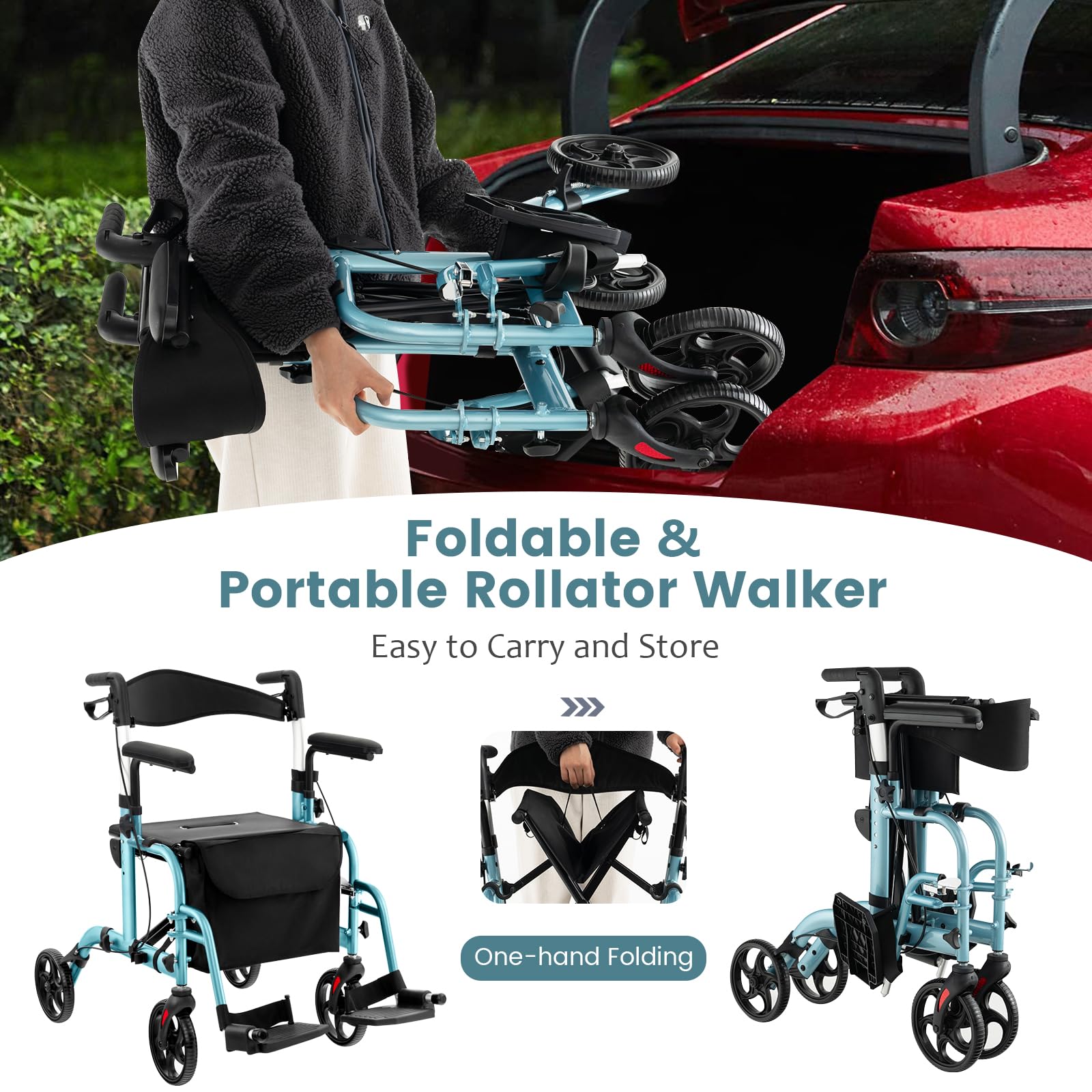 FANTASK Rollator faltbar & leicht, 2 in 1 Rollstuhl & Reiserollator mit Sitz, Gehhilfe mit Tasche & Doppelten Bremsen & Stockhalter, Gehwagen 6-fach Höhenverstellbar für Senioren (Blau)