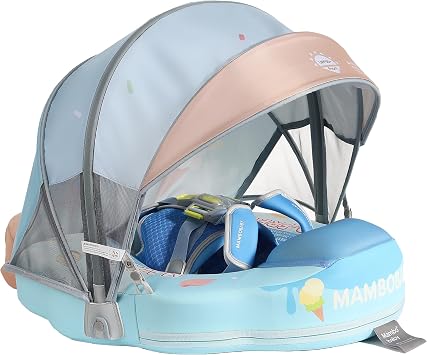 Mambobaby Float with Canopy Baby Pool Float Non-Inflatable Solid Swim Float Upgrade Add Tail Soft Waterproof Skin-Friendly Leather Material Limited Edition Blue