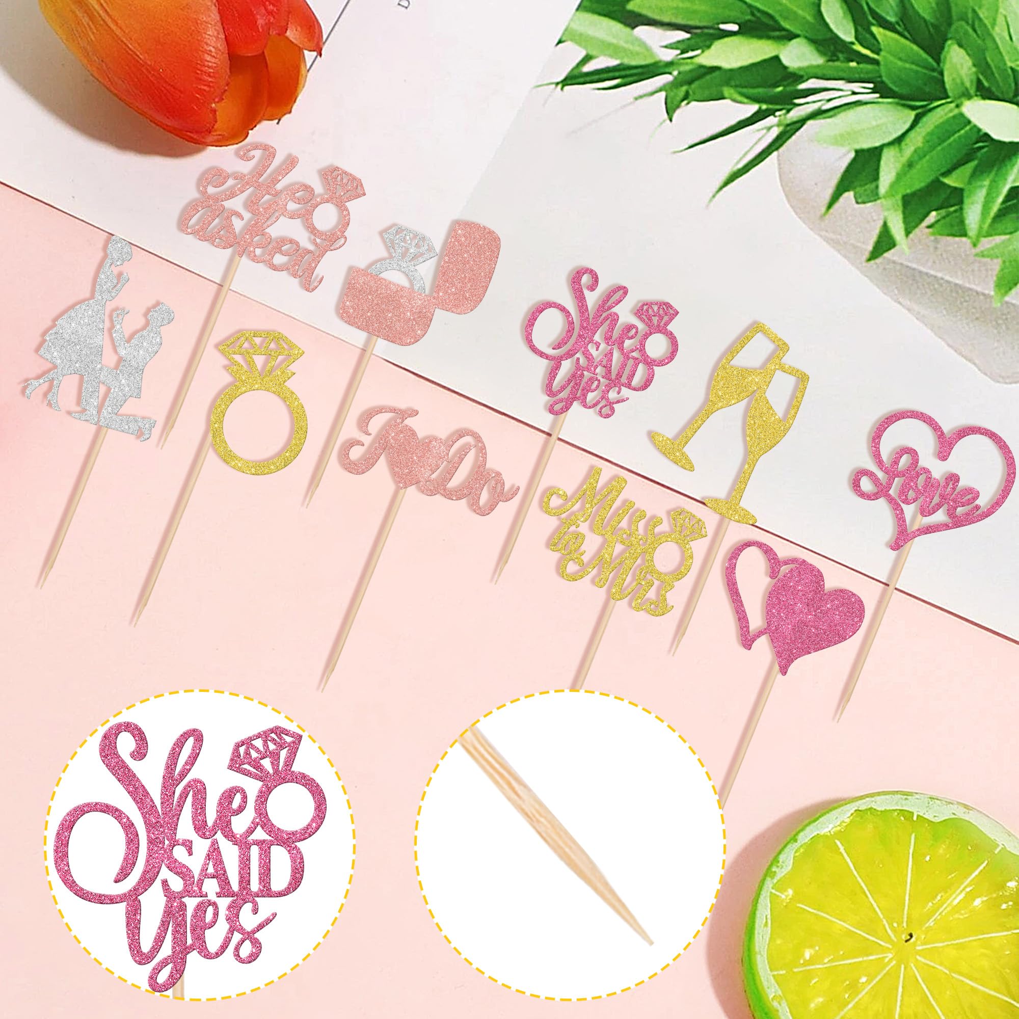 30 Pack He Asked She Said Yes Bride to Be Cupcake Toppers Rose Gold Glitter I Do Love Heart Ring Miss To Mrs Cupcake Picks Bridal Shower Cake Decorations for Wedding Engagement Party Supplies - Image 3