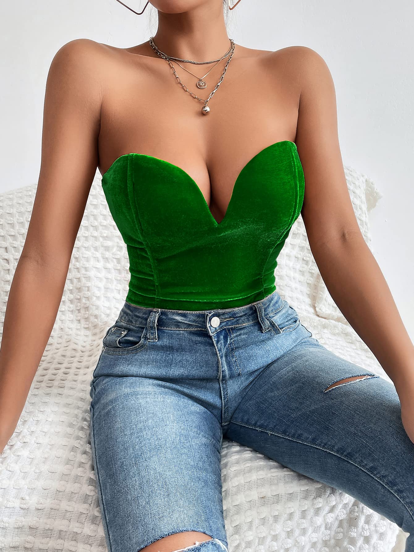 Frauen Burgunderrot Bandeau Back Lace Up Samt Bodysuit