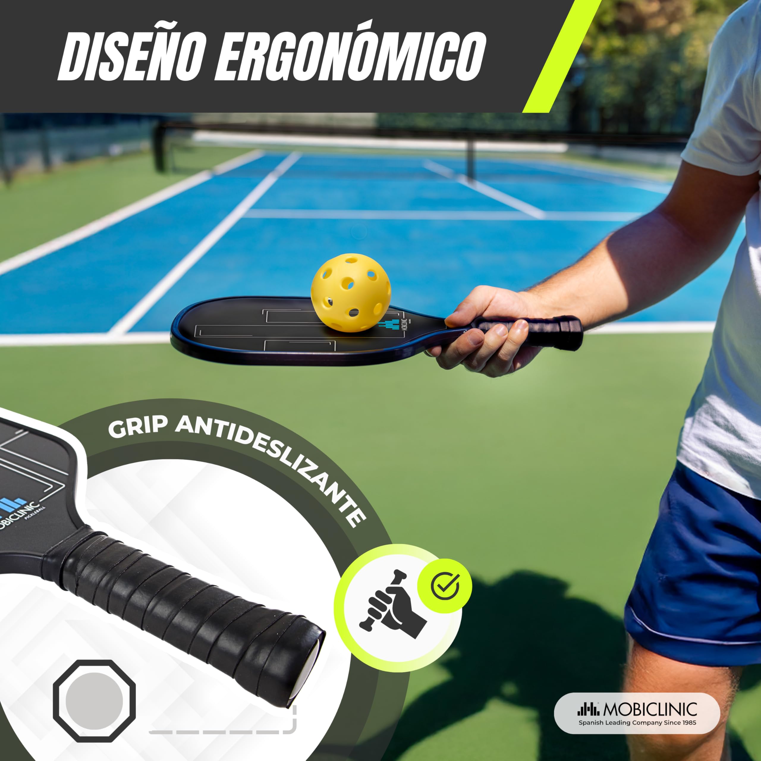 Mobiclinic®, Set de Pickleball, Palas de Fibra de Vidrio, Pelotas Interior y Exterior, Bolsa Transporte, Núcleo de Polipropileno de Panal, Grip Antideslizante