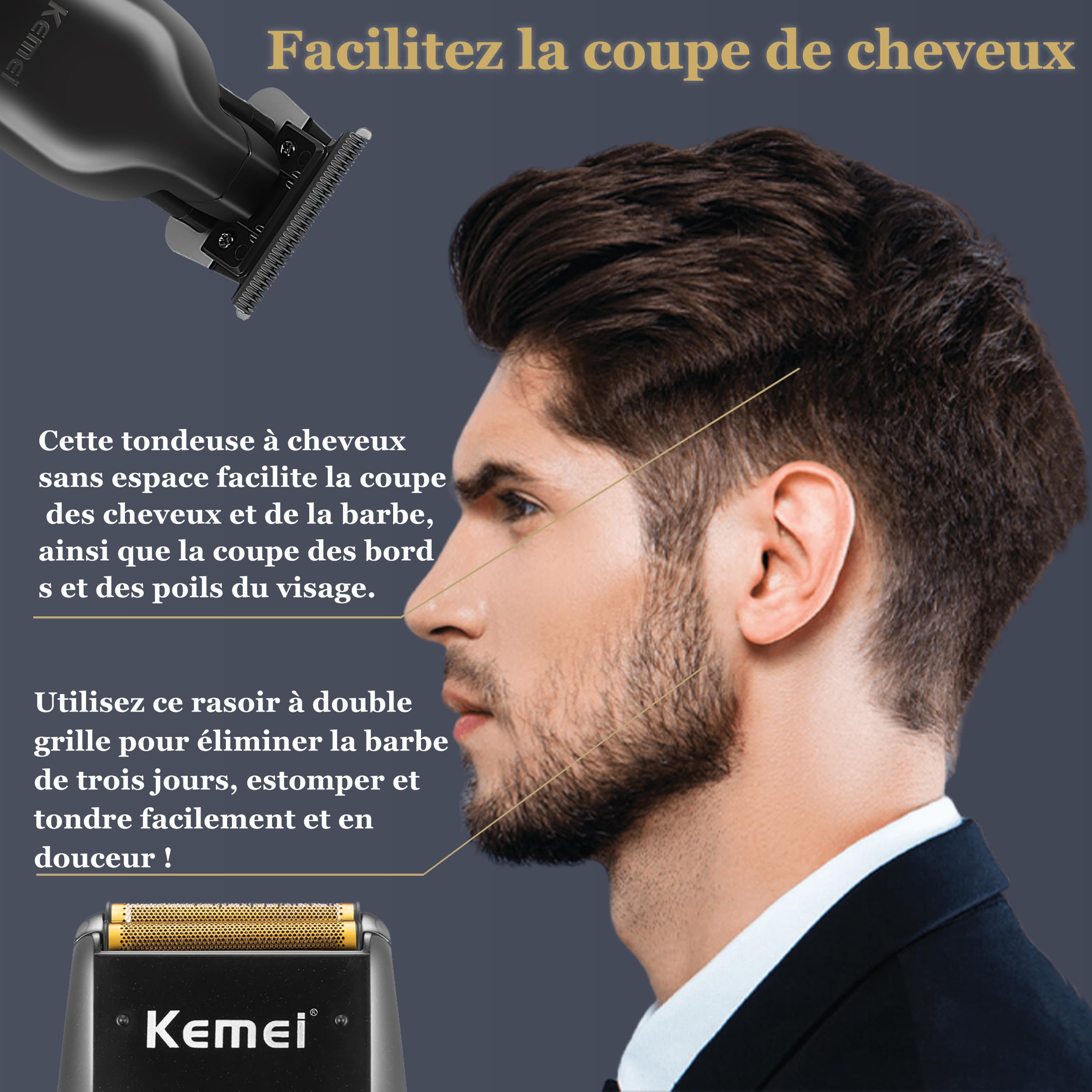Kemei Rasoir électrique pour homme - Tondeuse à cheveux professionnelle sans fil - Rasoir tête chauve 1102+2299